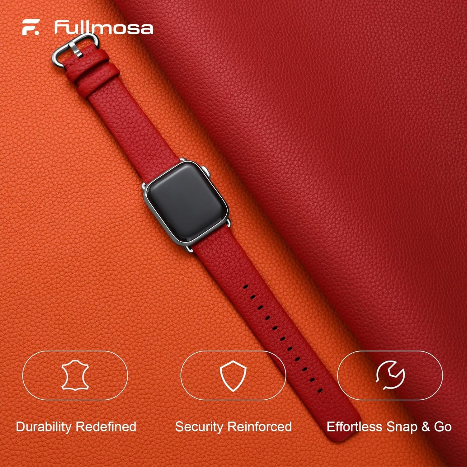 Genuine Leather Strap Compatible with Apple Watch 49/44mm Red & Silver