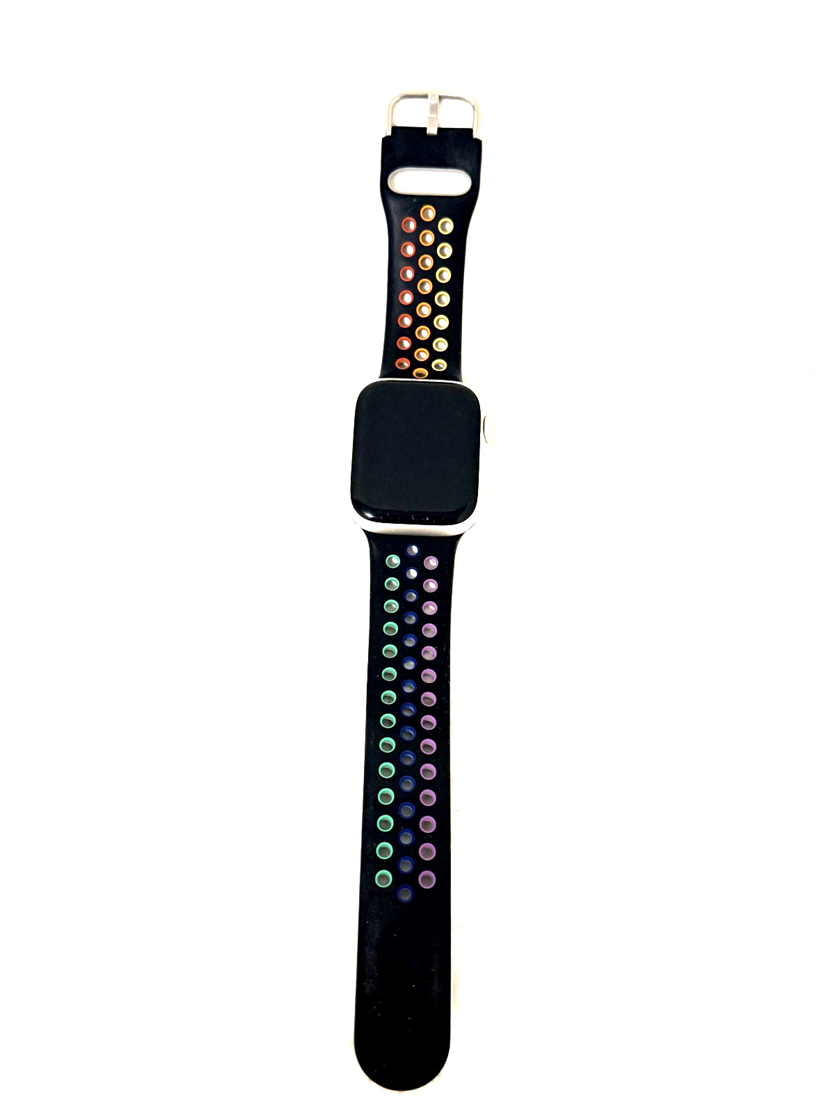 Apple Watch Series 7 45mm Silver Case with Black Rainbow Silicone Band
