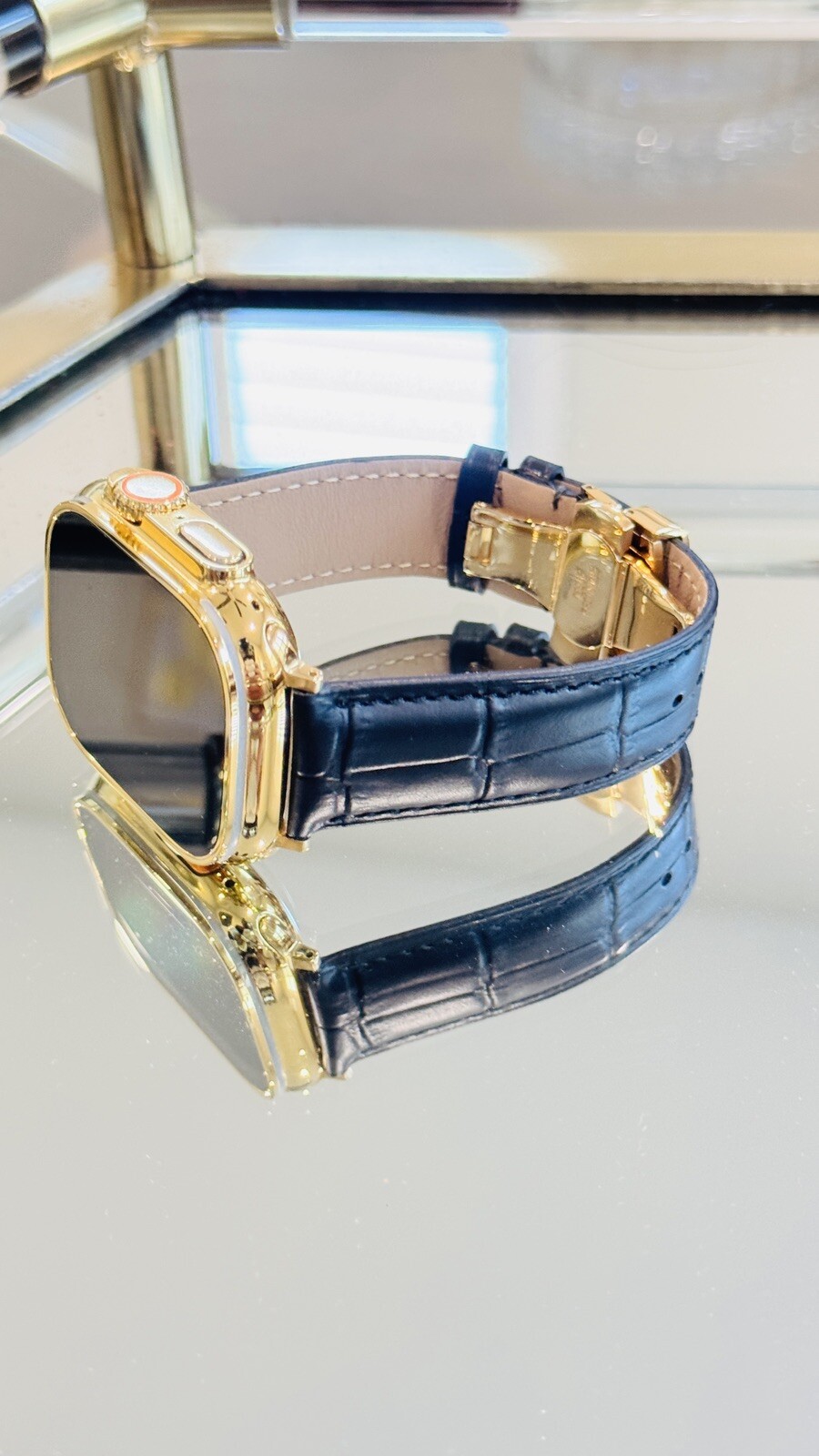 24k Gold Plated Apple Watch ULTRA 2 49mm Black Leather Band Polished CUSTOM