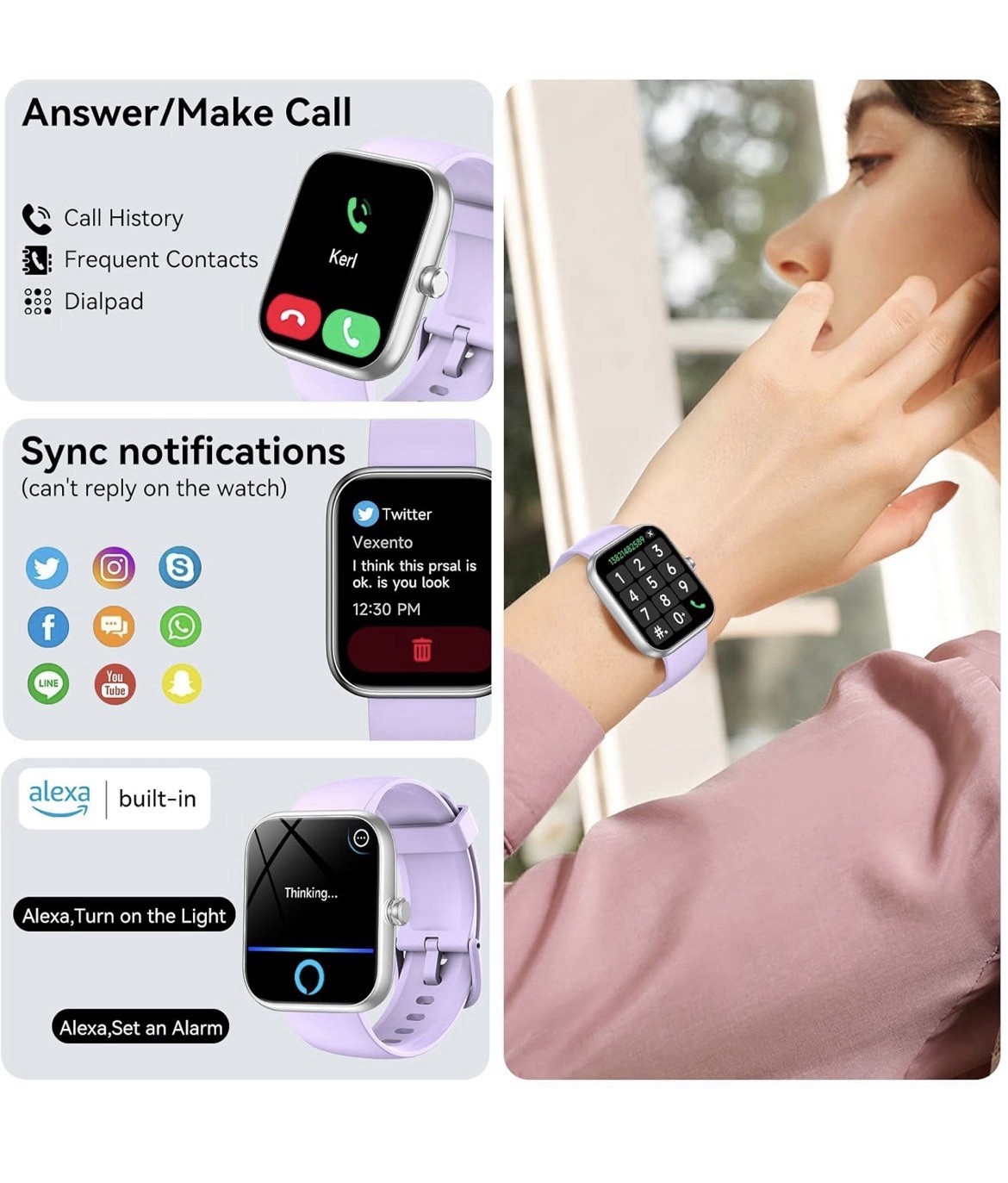 SENBONO Smart Watch Alexa BT Calls 1.83″ HD 120 Sport Modes Health Track PURPLE