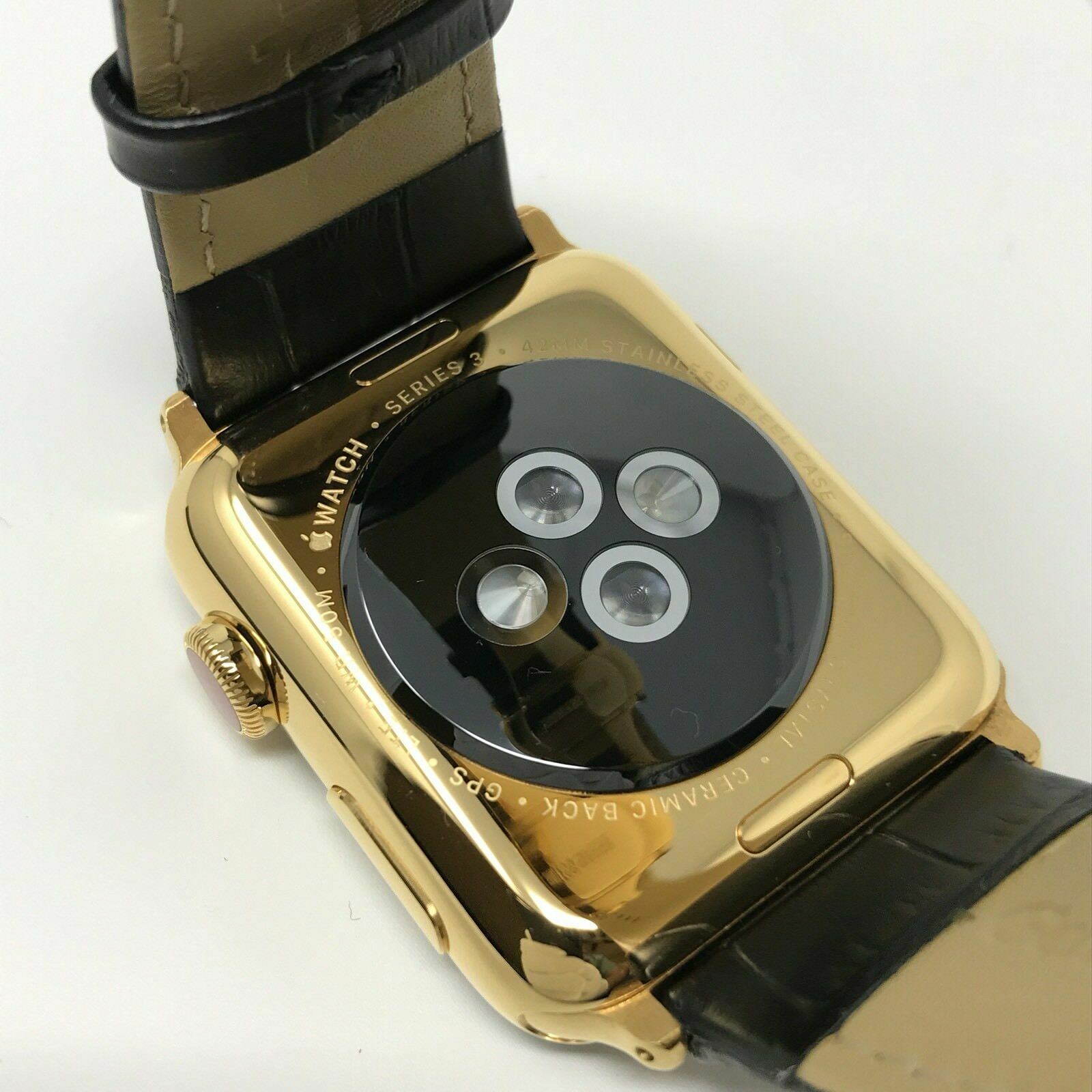 24K Gold Plated 42MM Apple Watch SERIES 3 With Black Leather Band CUSTOM