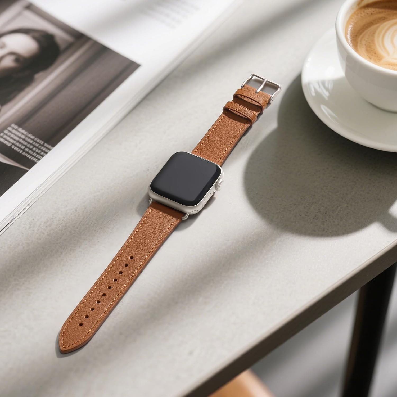 Brown+Starlight Leather Band for Apple Watch Series 10 11 38mm 40mm 41mm Unisex