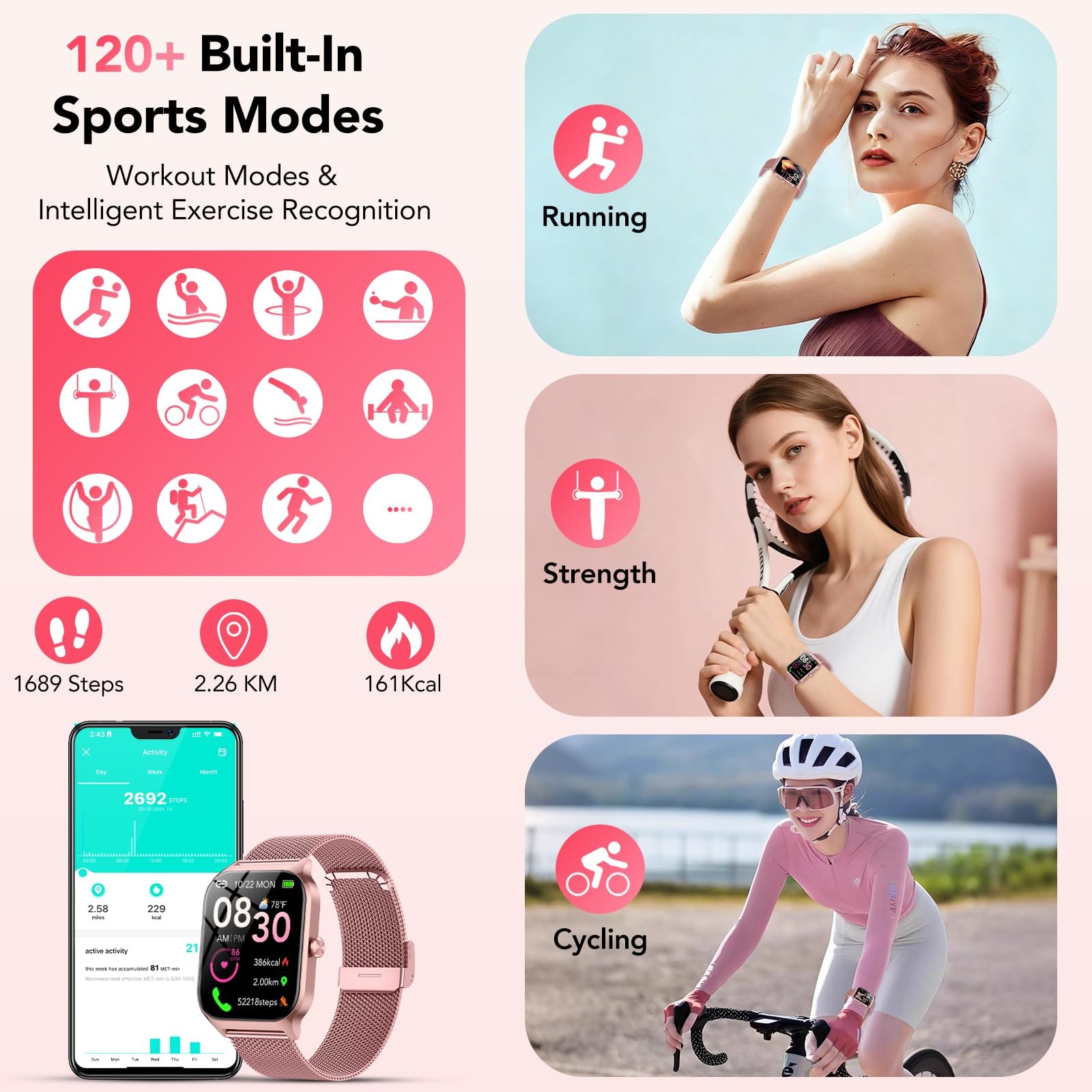 1.85 Inch Smart Watch Women Fitness Tracker Heart Rate Sleep Monitor 2 Bands…