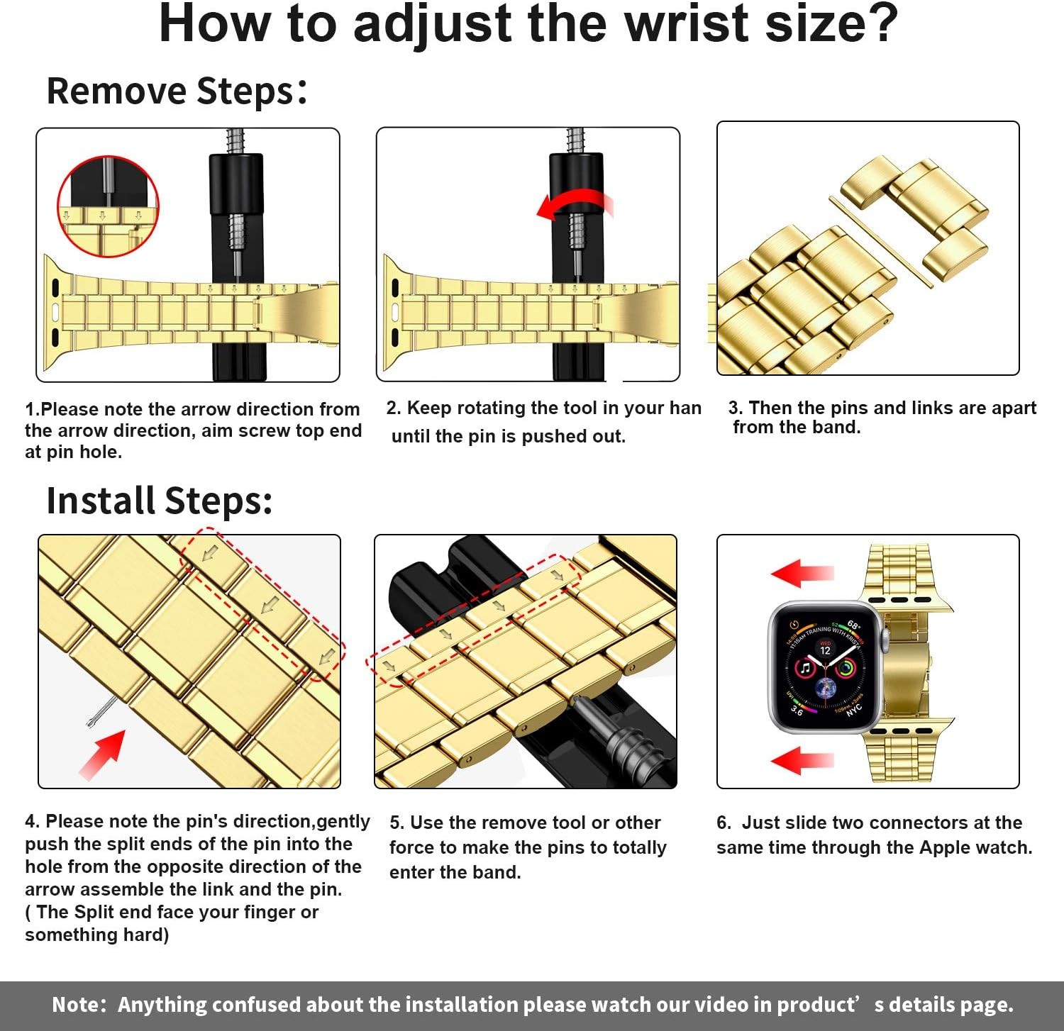 Solid Stainless Steel Strap Compatible with Apple Watch 38mm Series 3/2/1 Gold