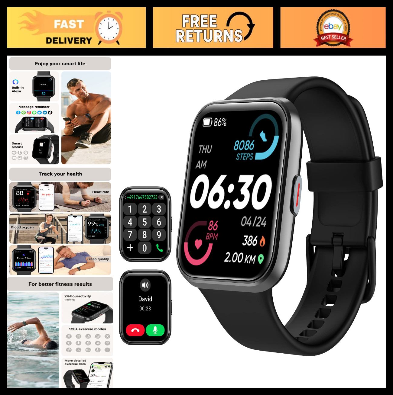 Smart Watch for Android/iPhone, 1.8″ Touch Screen, Alexa, Fitness Tracker, Water