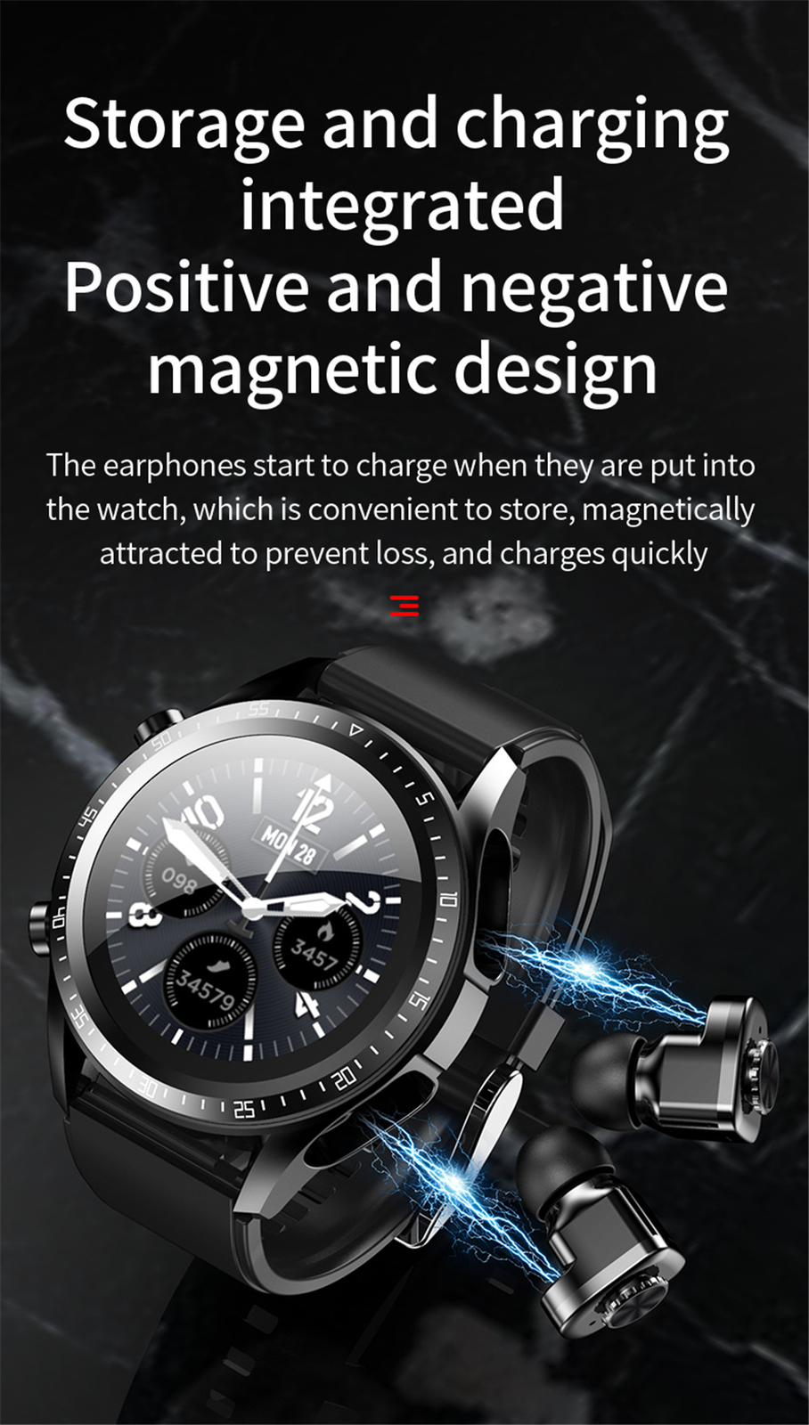 Touch Screen Bluetooth Smart Watch with Earbuds 2 In 1 Music Smartwatch Headset