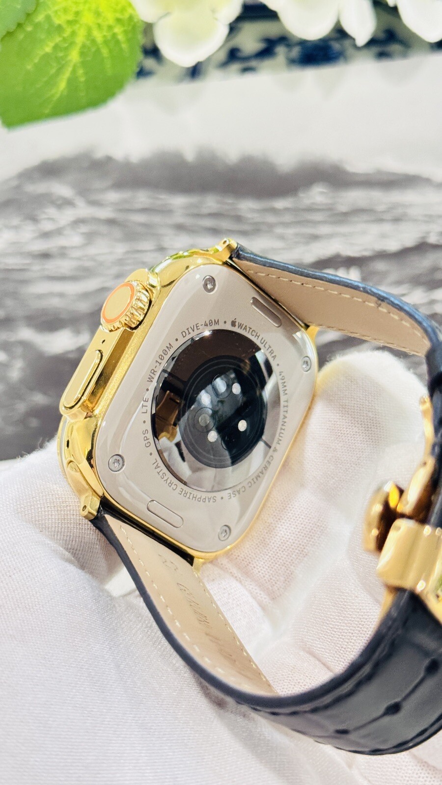 24k Gold Plated Apple Watch ULTRA 2 49mm Black Leather Band Polished CUSTOM
