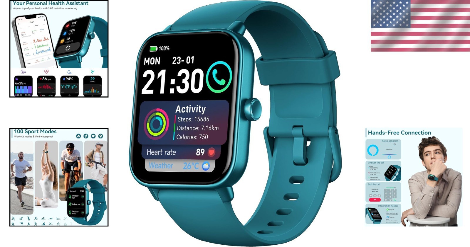 1.8” HD Smart Watch with Alexa & Waterproof Fitness Tracking for All