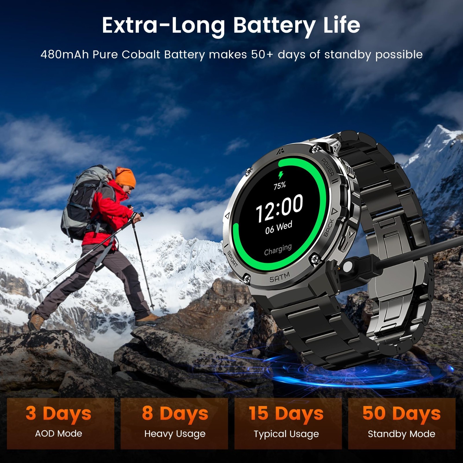 Rugged GPS Smart Watch, 1.43″ AMOLED, 170+ Sports Modes, 15 Days Battery, Waterp