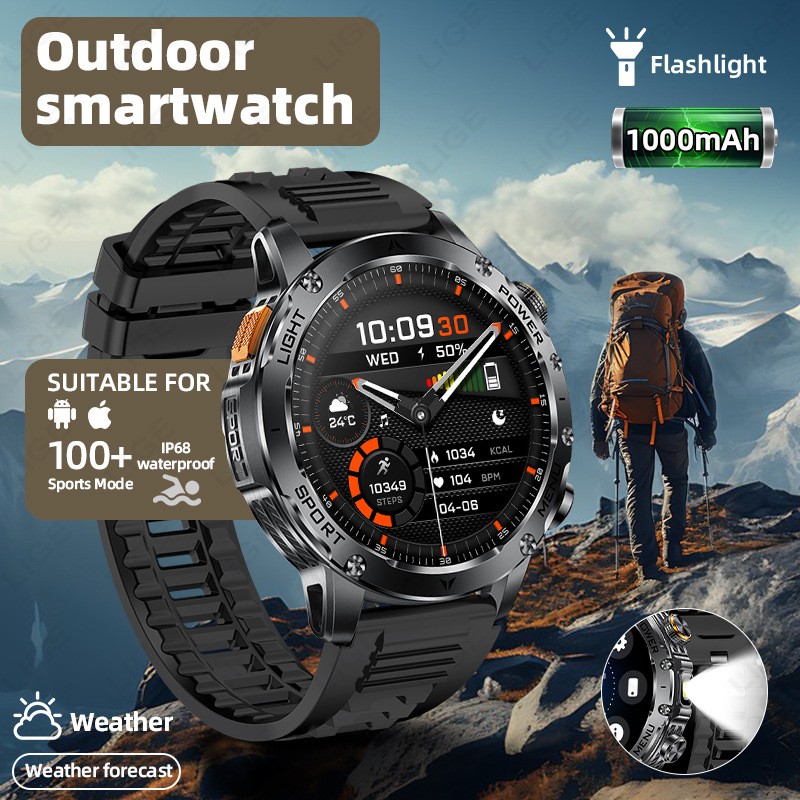 Tactical Smart Watch Men 1000mAh Battery LED Torch Blood Pressure Waterproof
