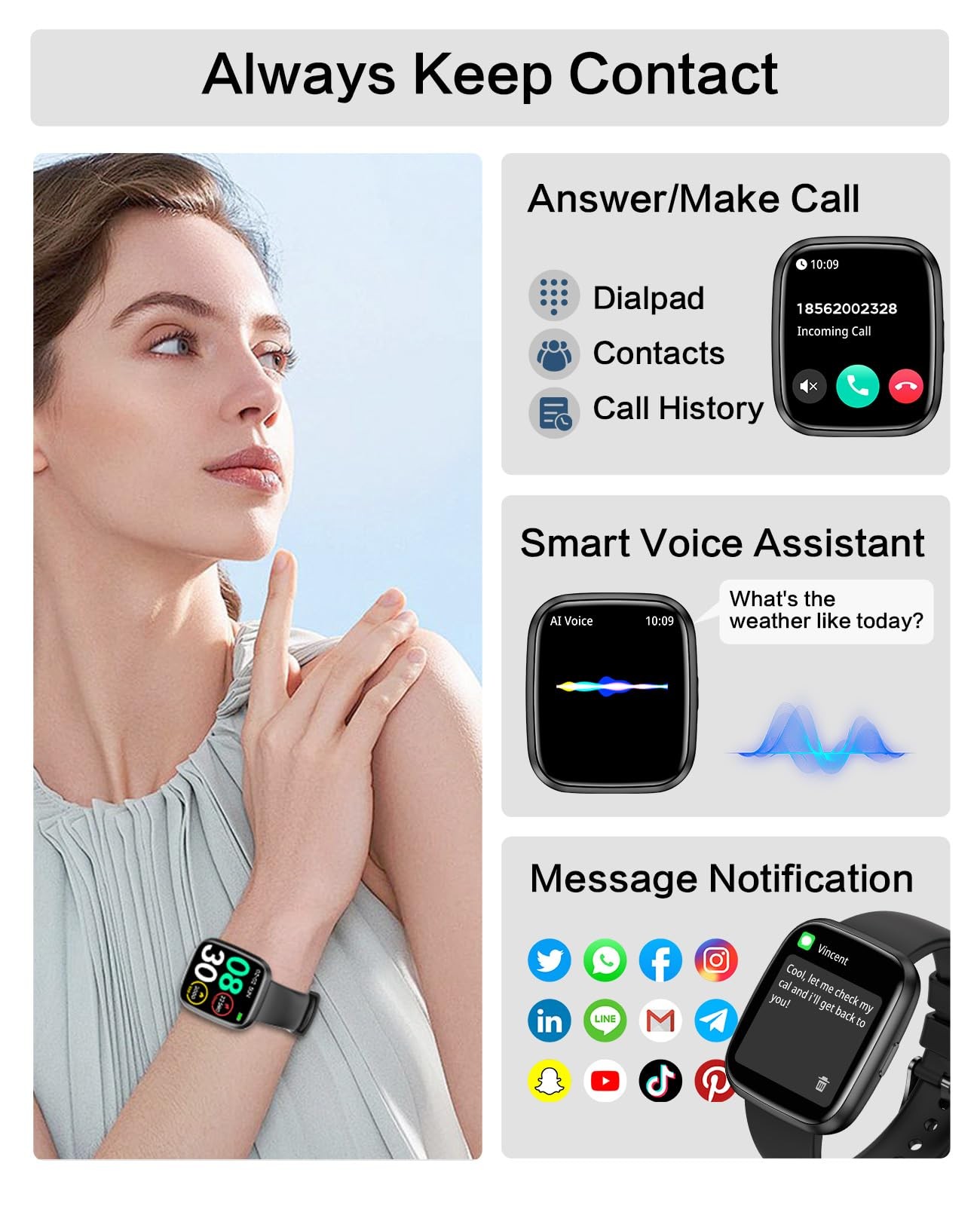 Egqinr Smart Watches For Men/Women 1.75 Bluetooth Call Ai Voice Smartwatch 24/7