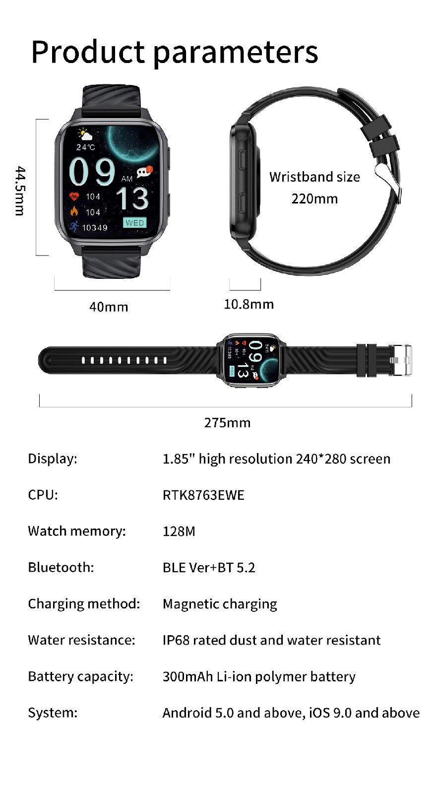 Fw12 Android Smart Watch 1.85 Inch Bluetooth Call Fitness Tracker Smartwatch