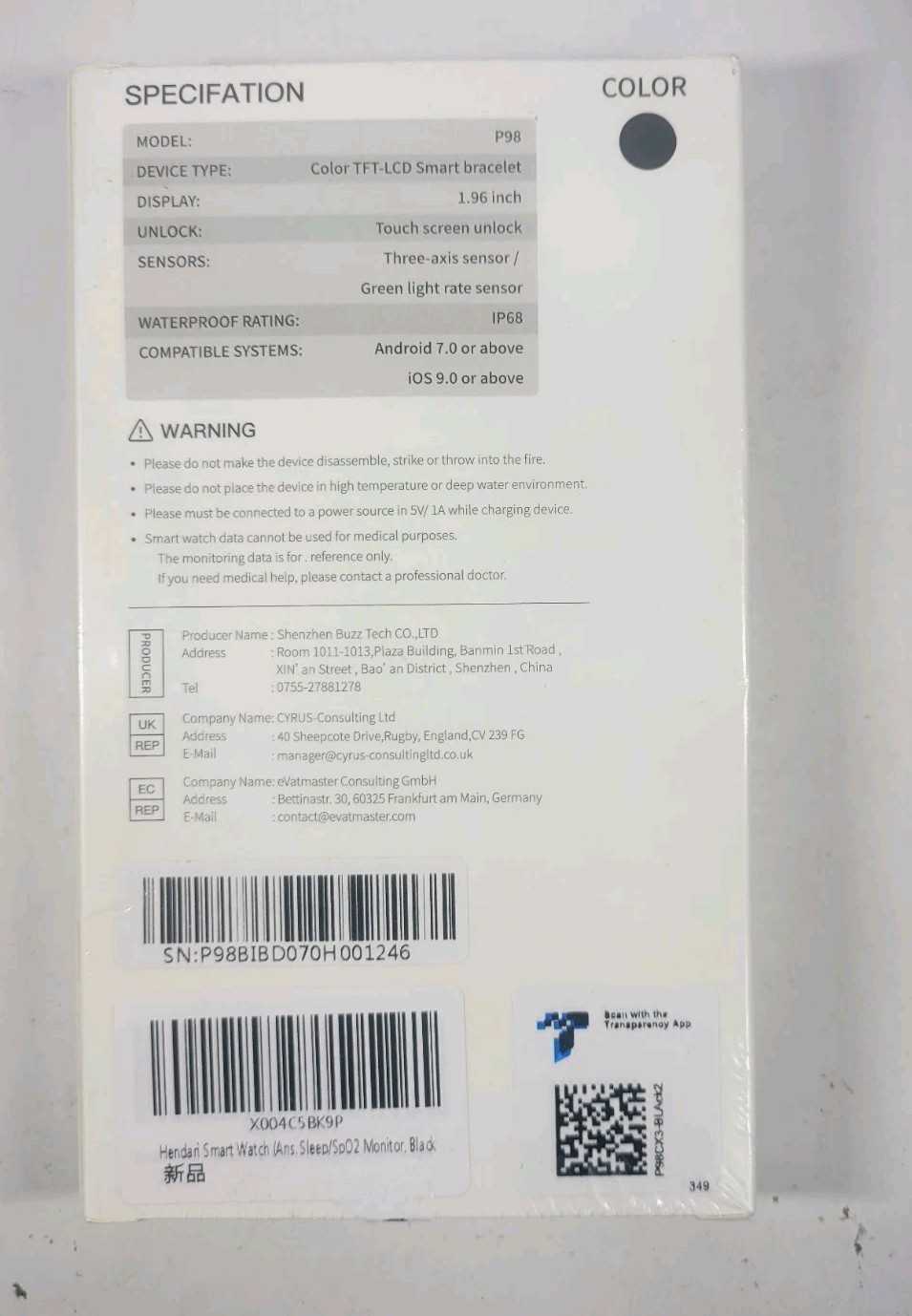 Smart Watch Fitness Tracker P98 Black IP68 Water Resistance Sealed New