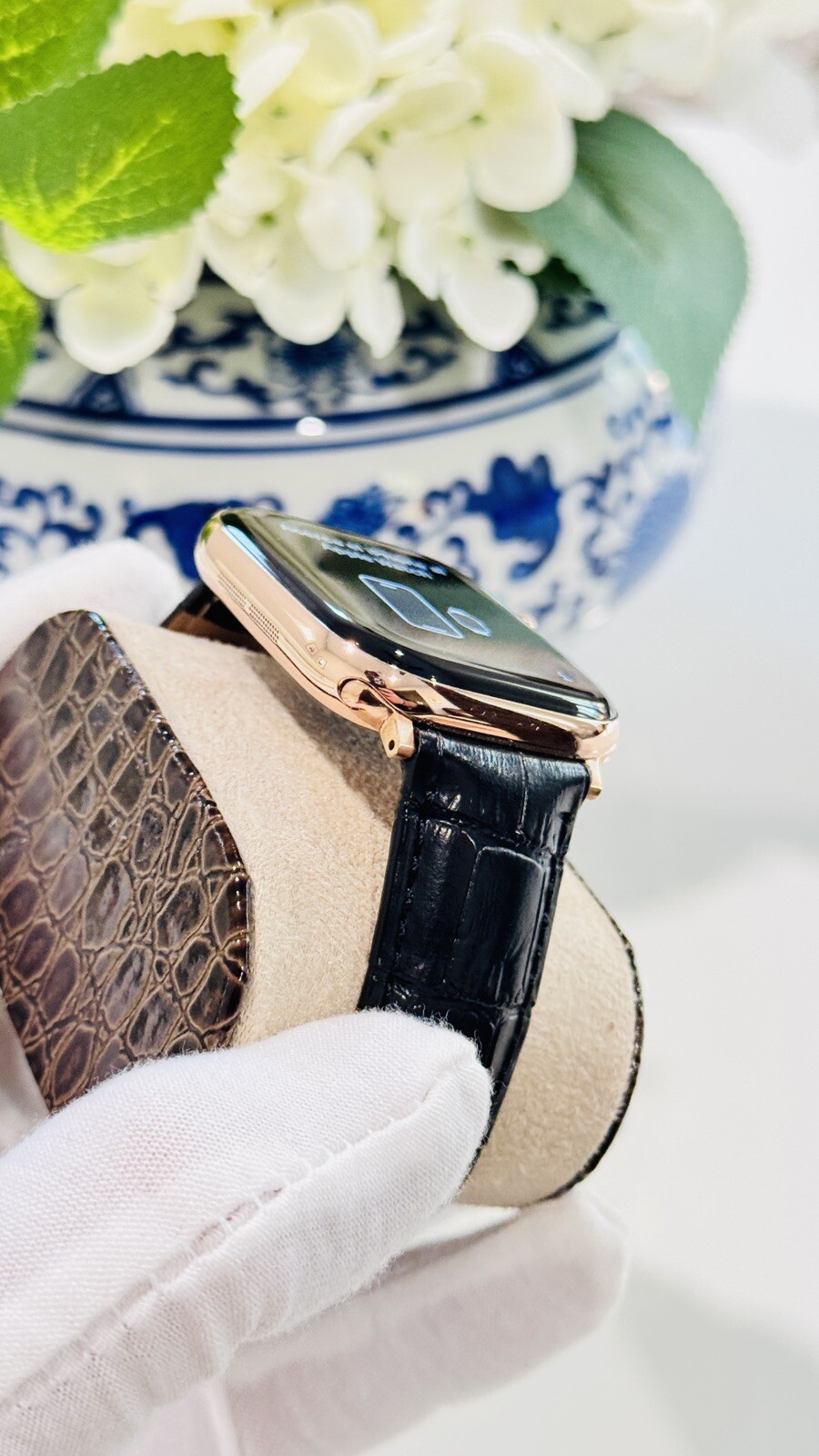 24k ROSE Gold Plated Apple Watch Series 10 46mm Black Leather Band CUSTOM