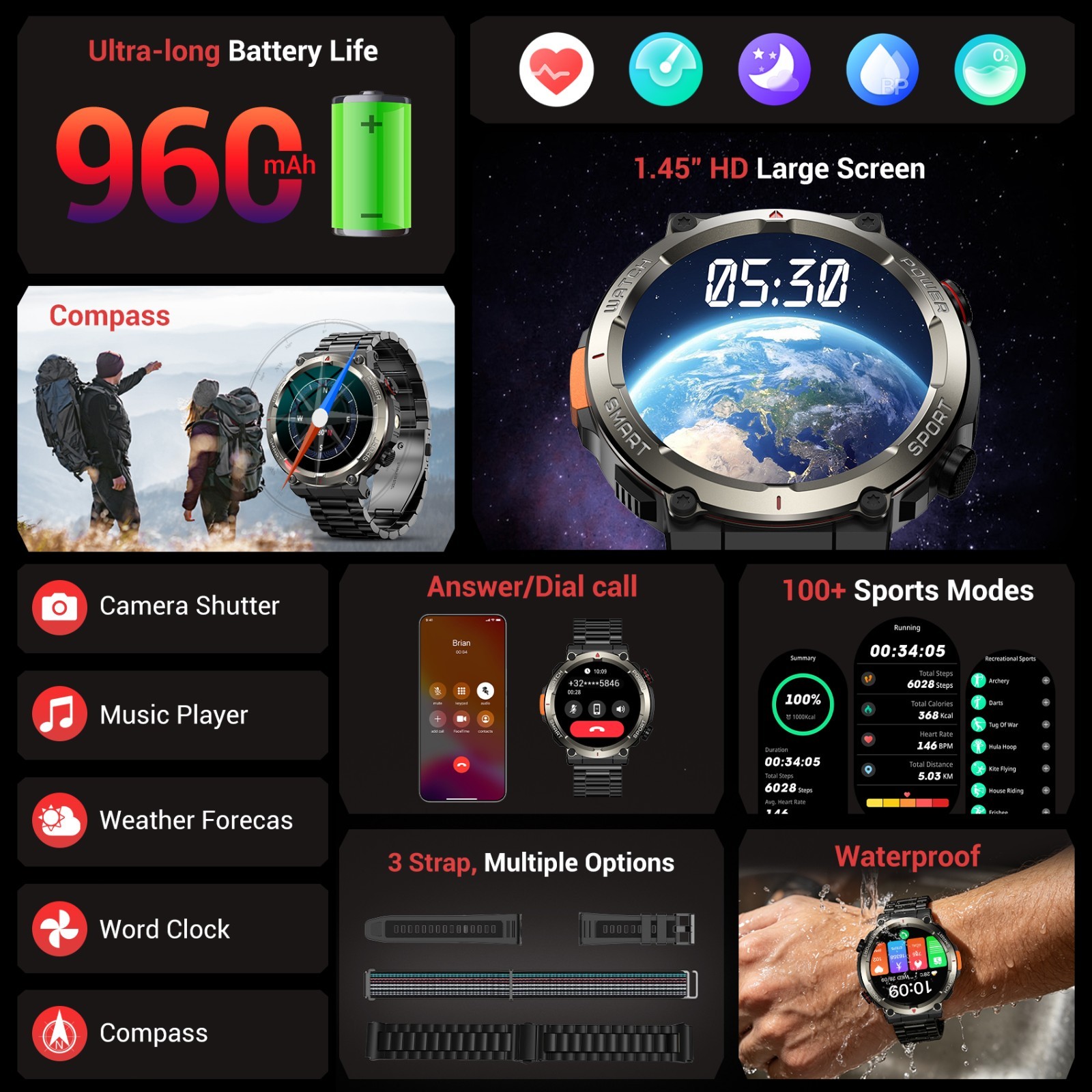 Smart Watch Men Waterproof Tactical Watch with Bluetooth call For Android iOS US