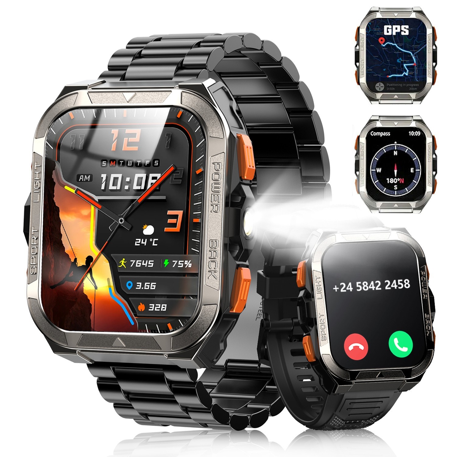 Military Rugged Smart Watch Men For iOS Android Tactical Fitness Tracker-2*Strap