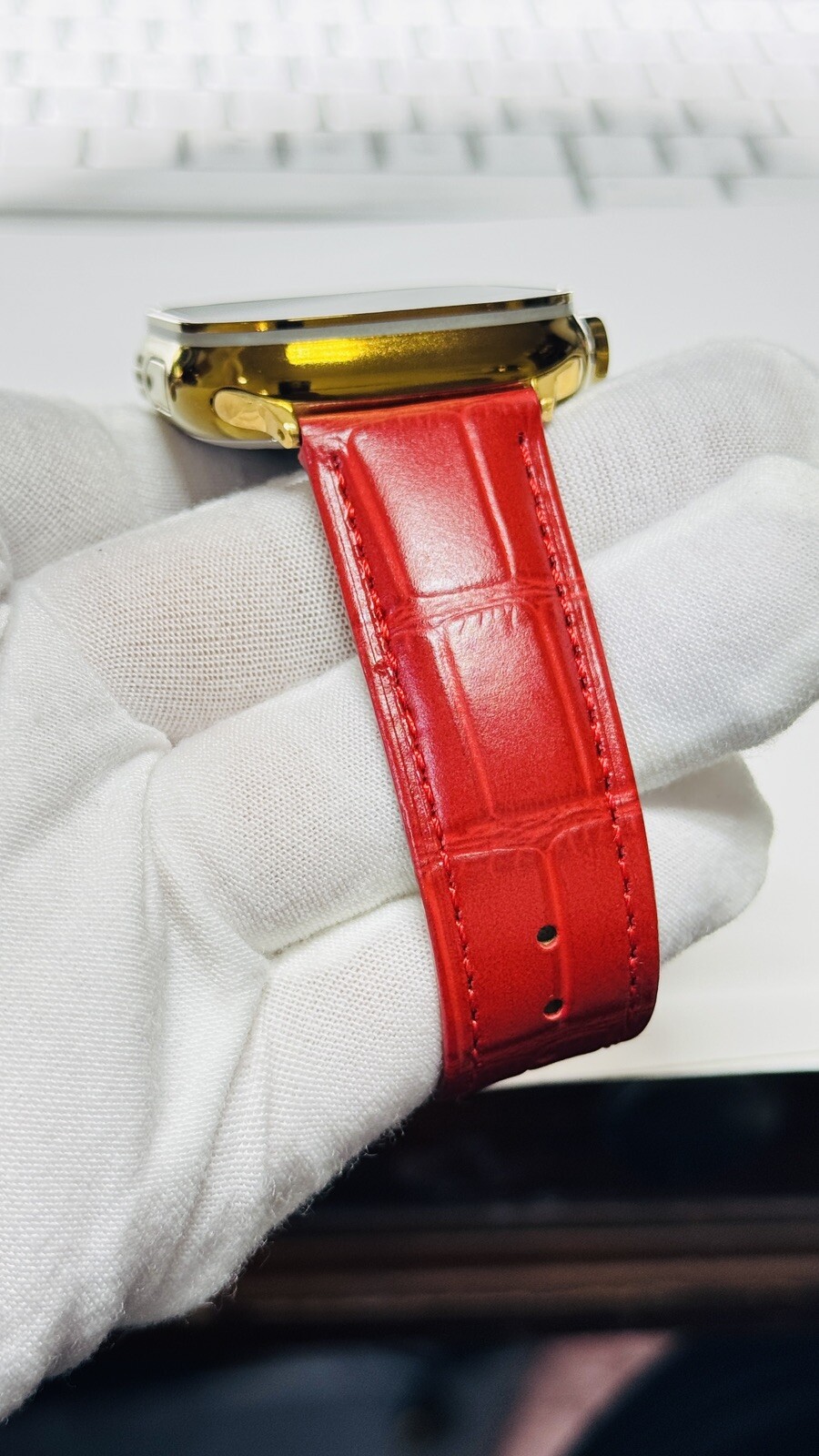 Custom Apple Watch ULTRA 3 49 Polished Anodized GOLD Red Band Gold Plated Buckle