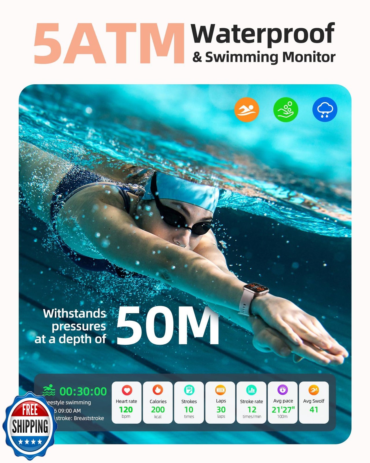 Parsonver Smart Watch, 5ATM Waterproof Swimming Watch, Fitness Activity Track