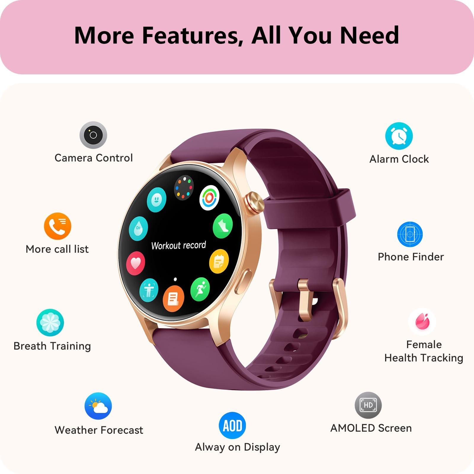 Fitness Smart Watch for Women, 1.32” AMOLED Screen, Heart Rate/Sleep Monitor, 1