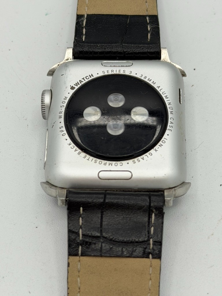 Locked Apple Watch Series 3 38mm GPS Silver Aluminum Case Leather Band Powers On