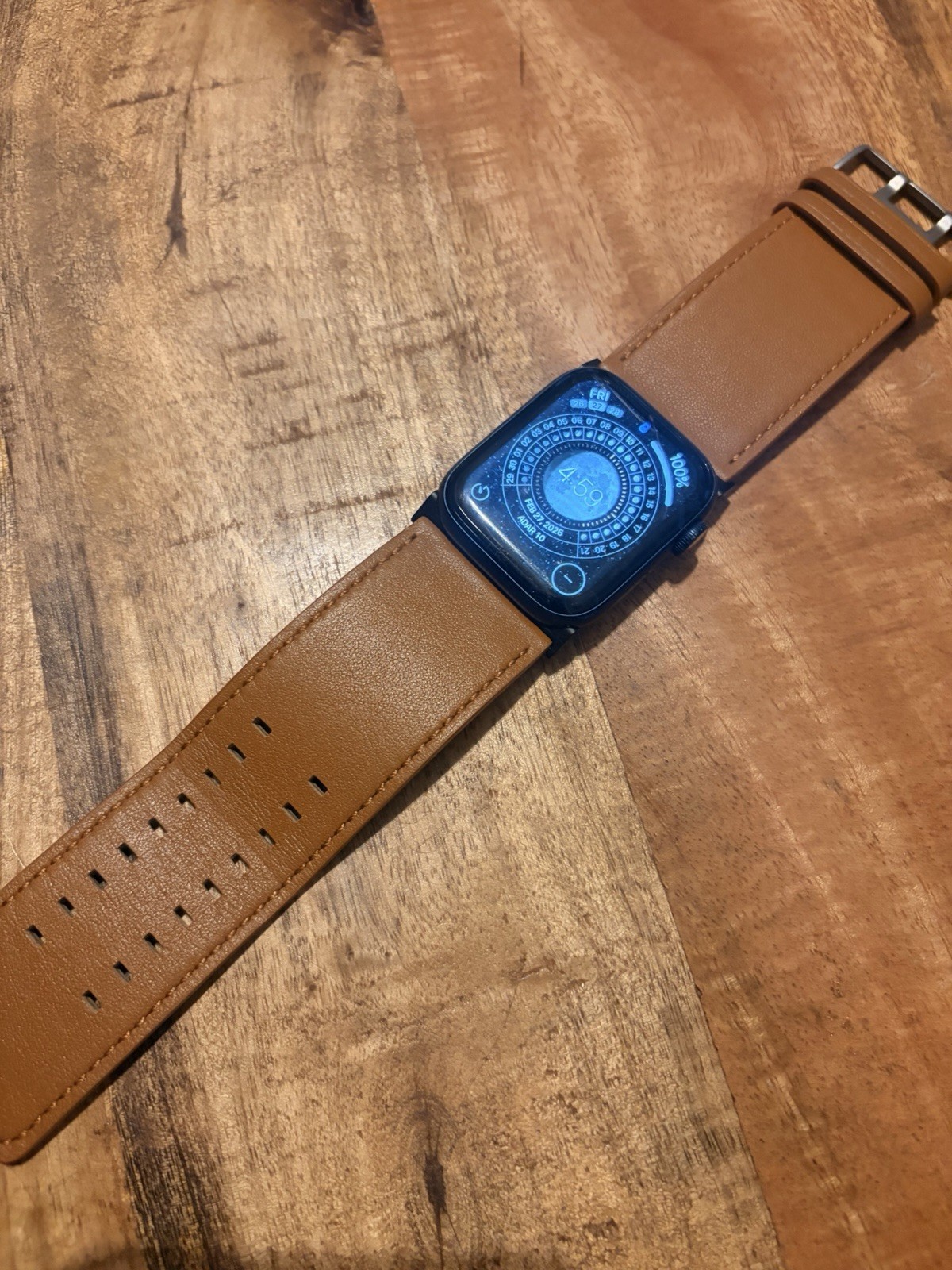 Smart Watch Black Case with Brown, Blue, Black Leather Bands Red Stitching
