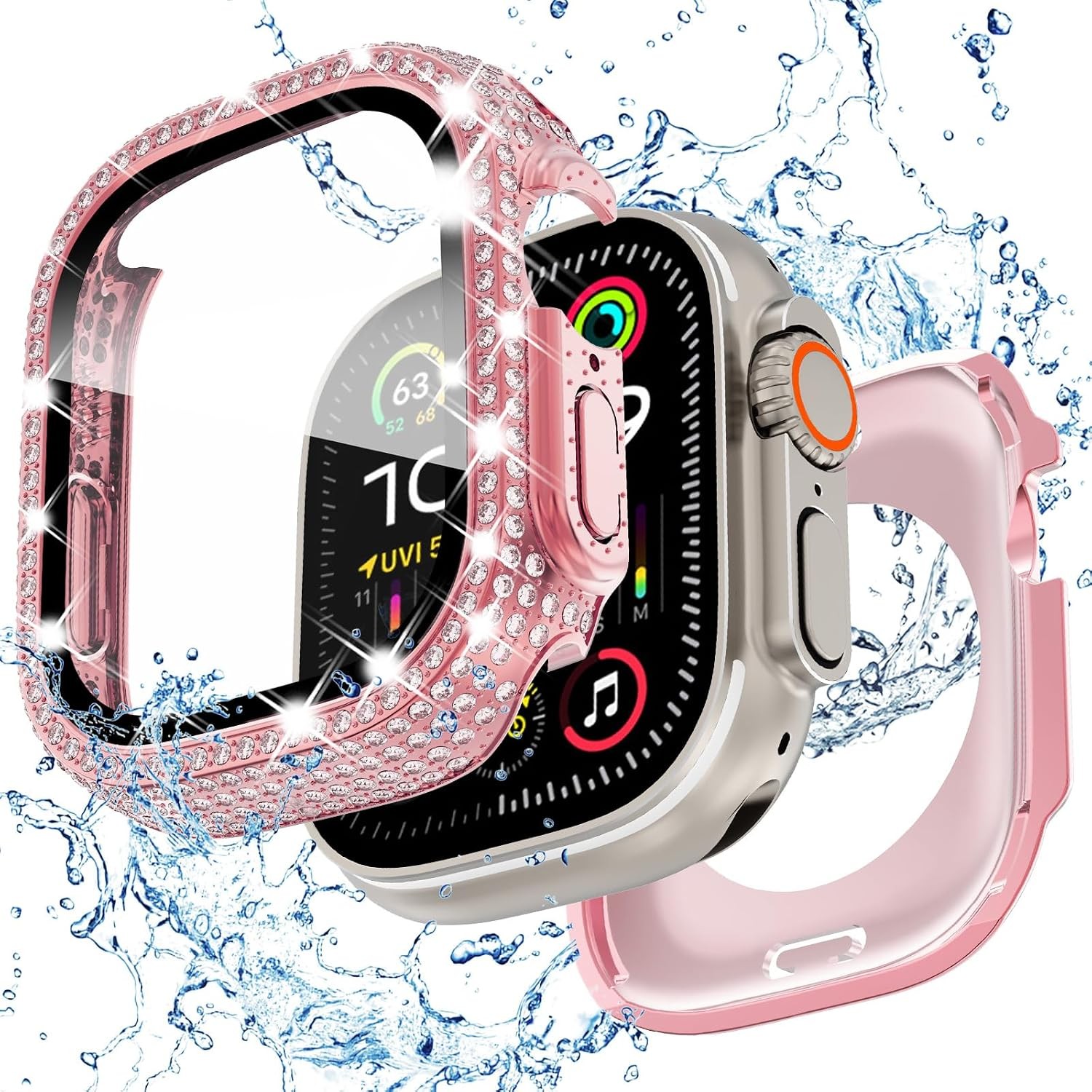 2 in 1 Bling Waterproof Case for Apple Watch Ultra 49mm with Tempered Glass