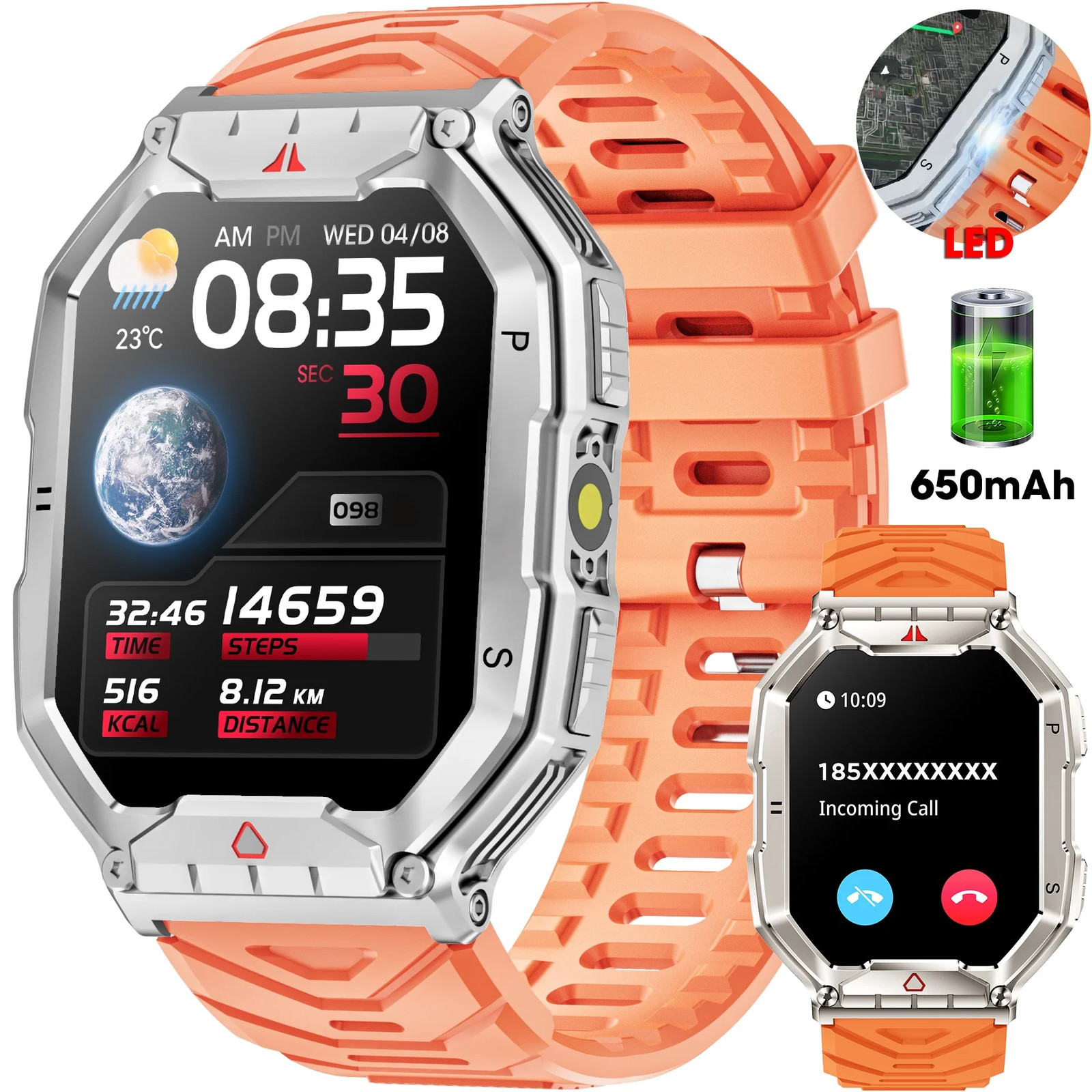 2.1-inch AMOLED Men Military Smartwatch,with Fitness Tracker/ Answer Ma