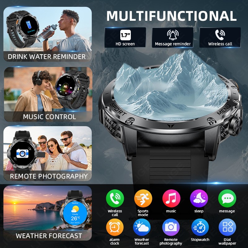 Tactical Smart Watch Men 1000mAh Battery LED Torch Blood Pressure Waterproof