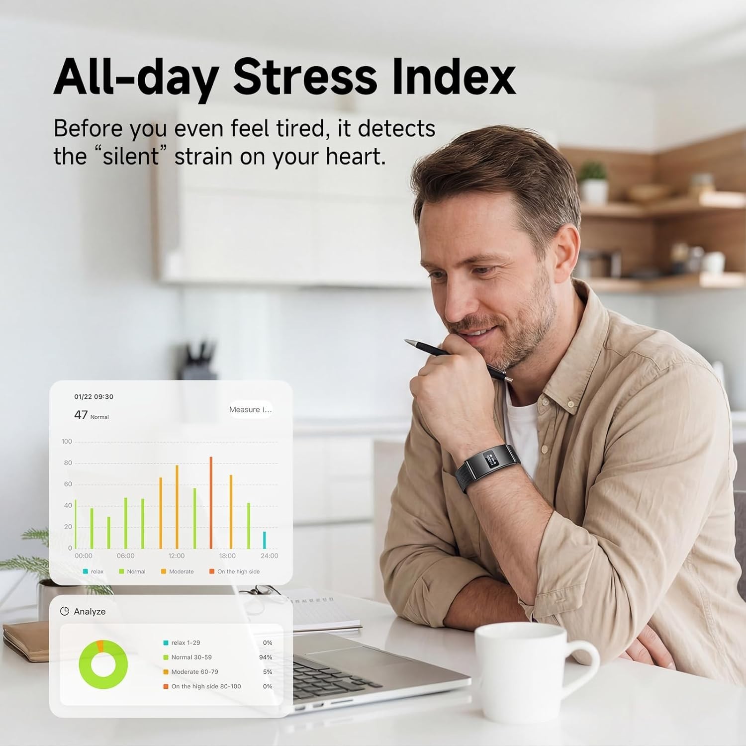 Smart Bracelet, Subscription-Free 24/7 Health Tracking, Heart Rate, SpO2, HRV…