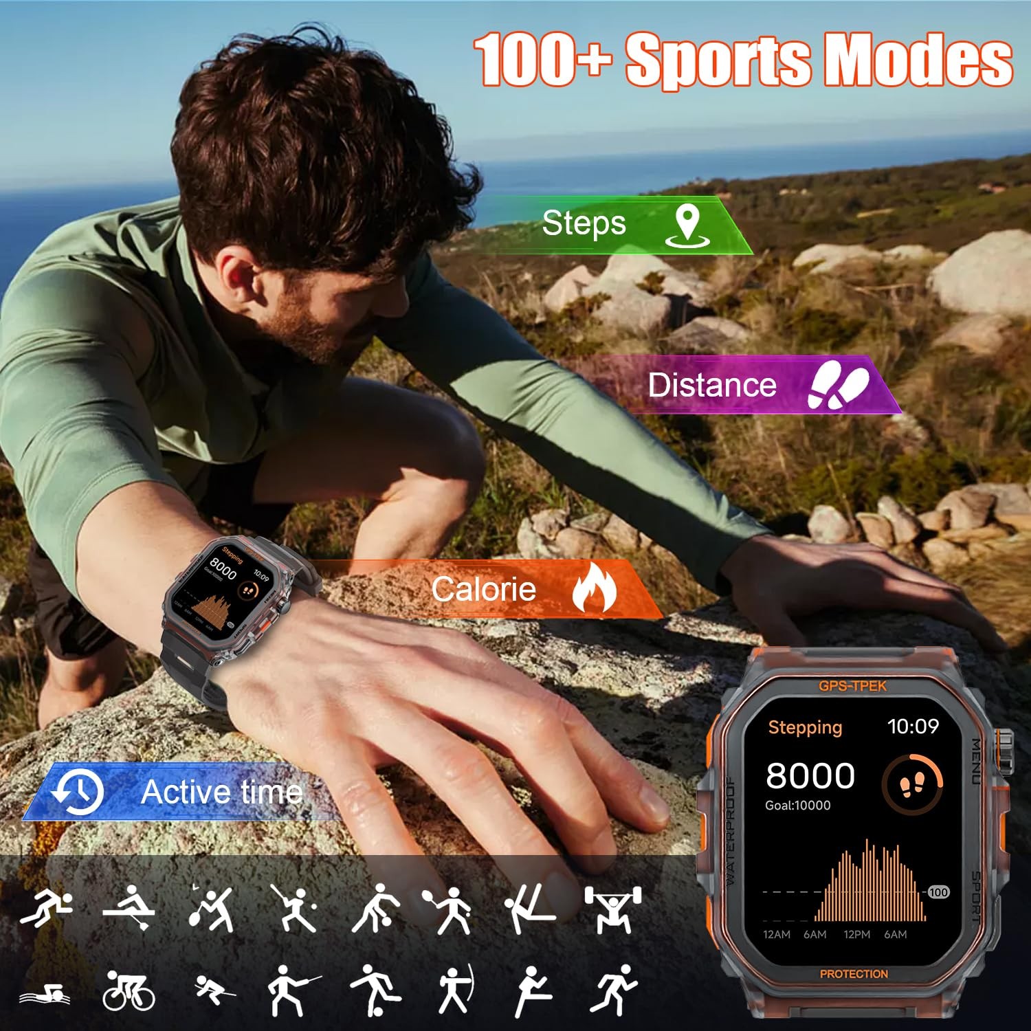 Military Smart Watches Built-in GPS, 100+ Sport Modes for Men with, for Andro…