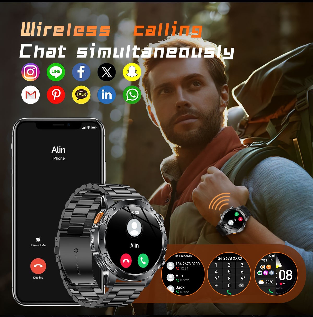 Tactical Smart Watch Men 1000mAh Battery LED Torch Blood Pressure Waterproof