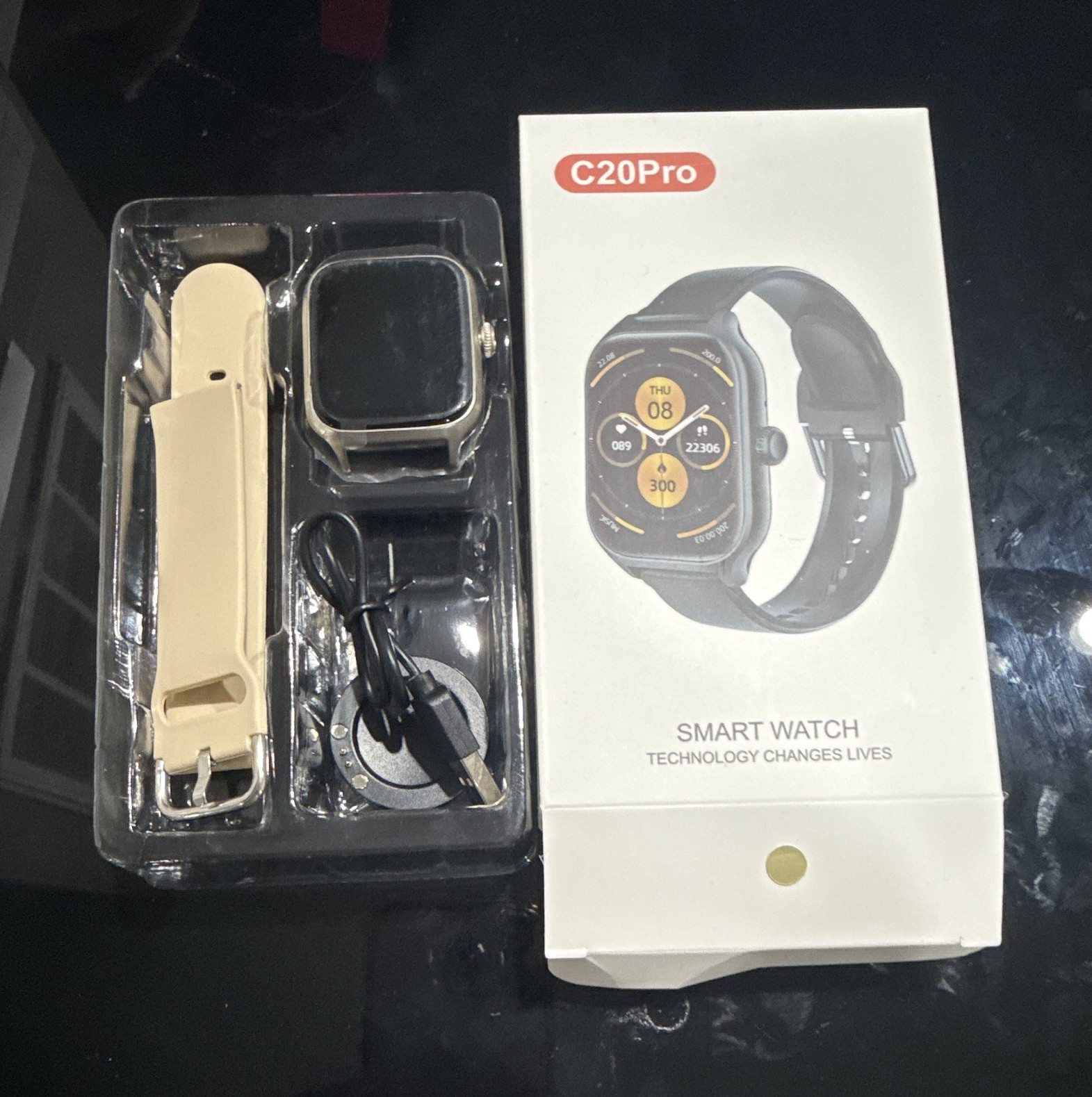 C20 Pro Smart Watch 41mm Silver Metal Case Beige Silicone Band HR Sleep Music