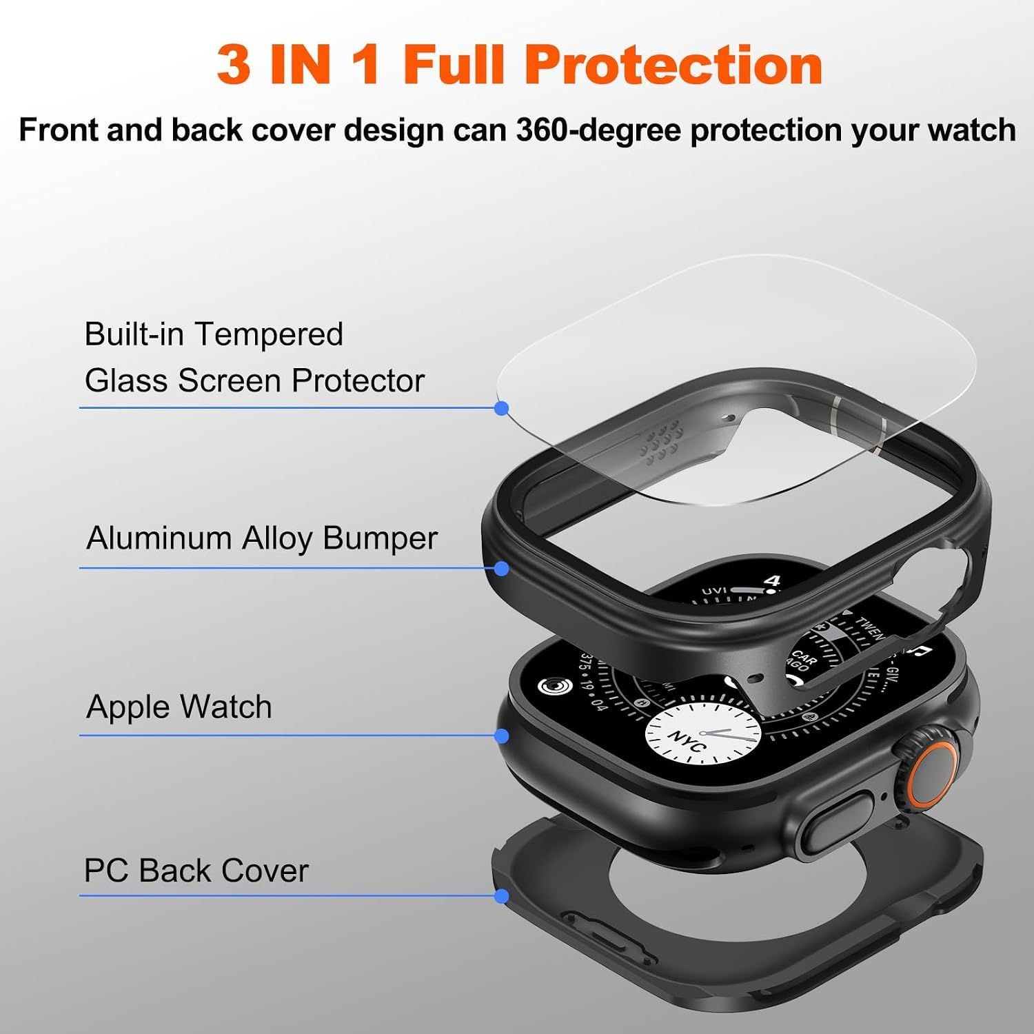 3 in 1 Case for Apple Watch Ultra 49mm Ltra-Thin Aluminum Alloy, 360° Protection