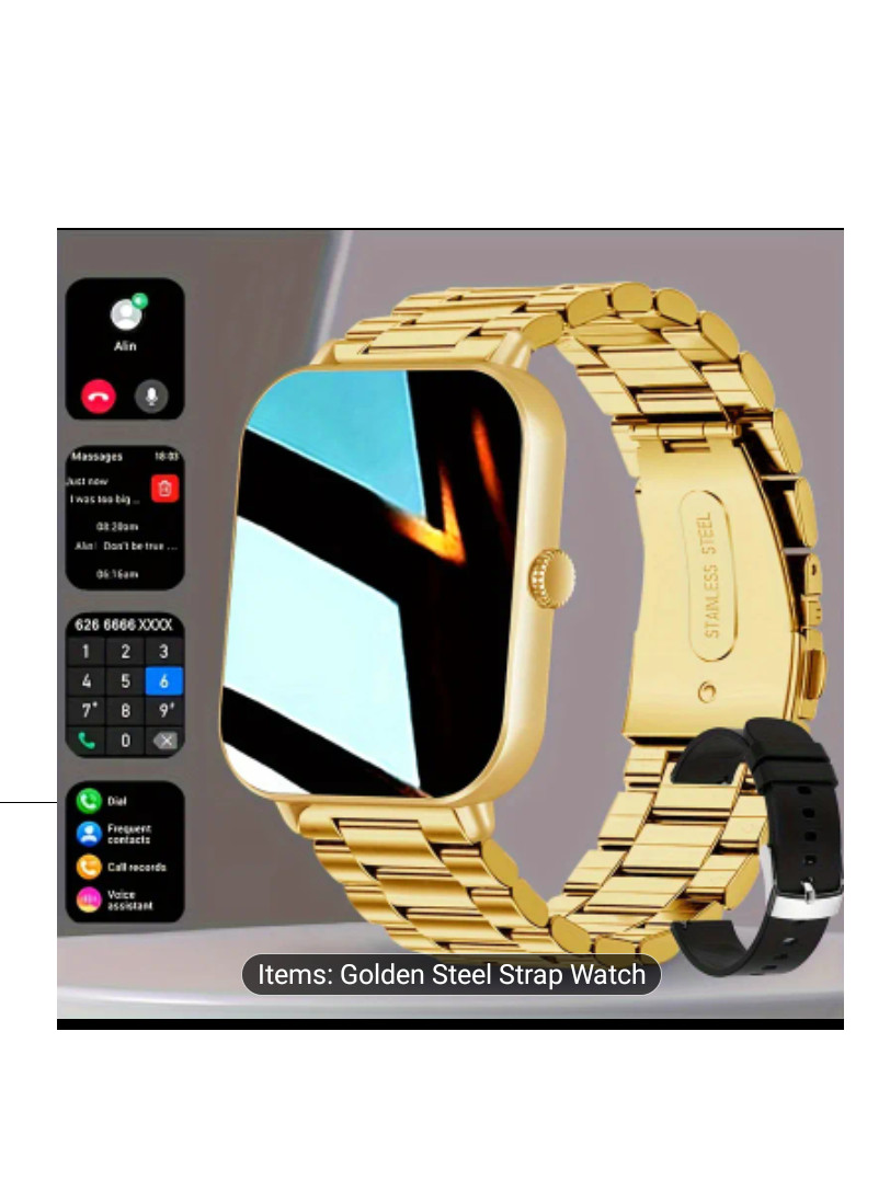 Gold Smart Watch Bluetooth Call Voice Assistant Heart Rate Fitness Men stainless