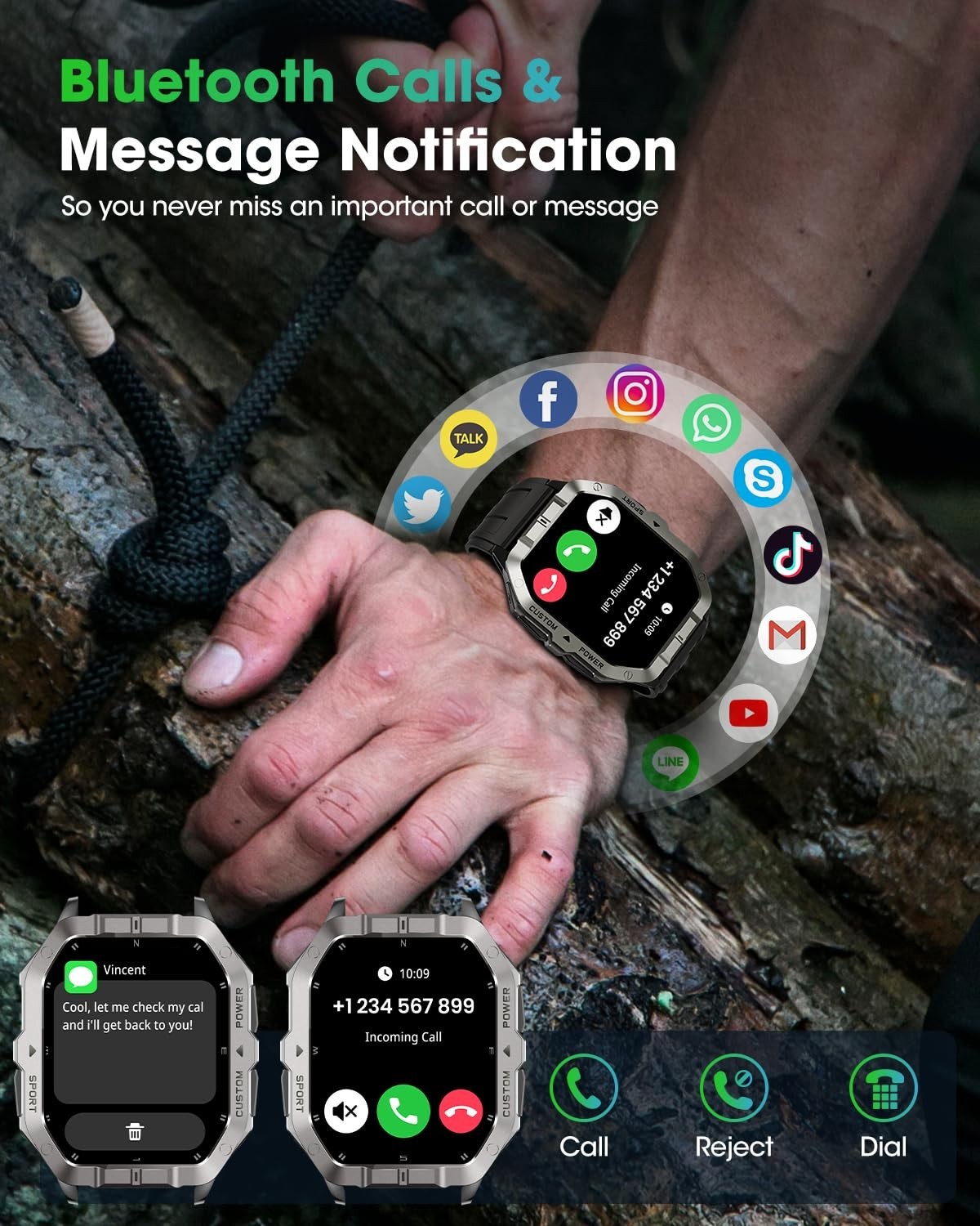 Military Smart Watch with GPS, Bluetooth Calling, 100+ Sport Modes, Heart Rate &