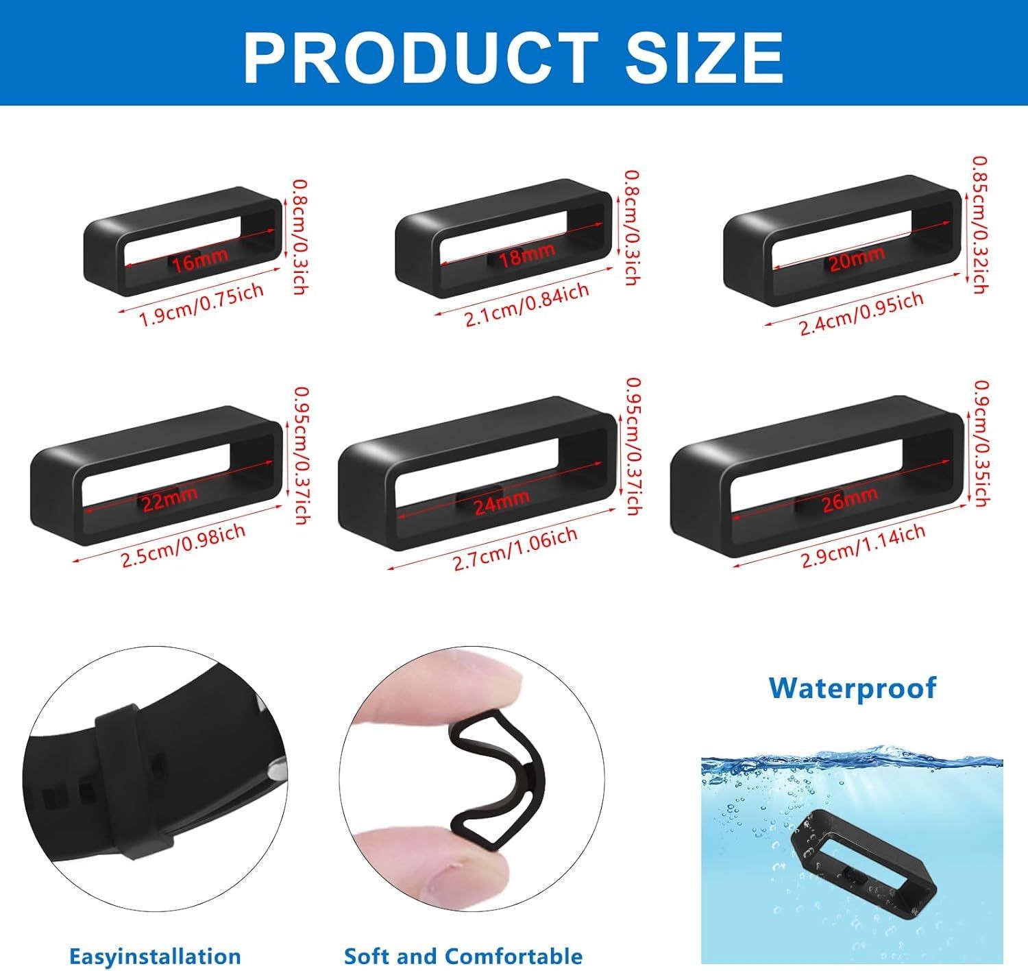 6 Pcs Silicone Strap Compatible with 16mm/18mm/20mm Watches Fastener Rings