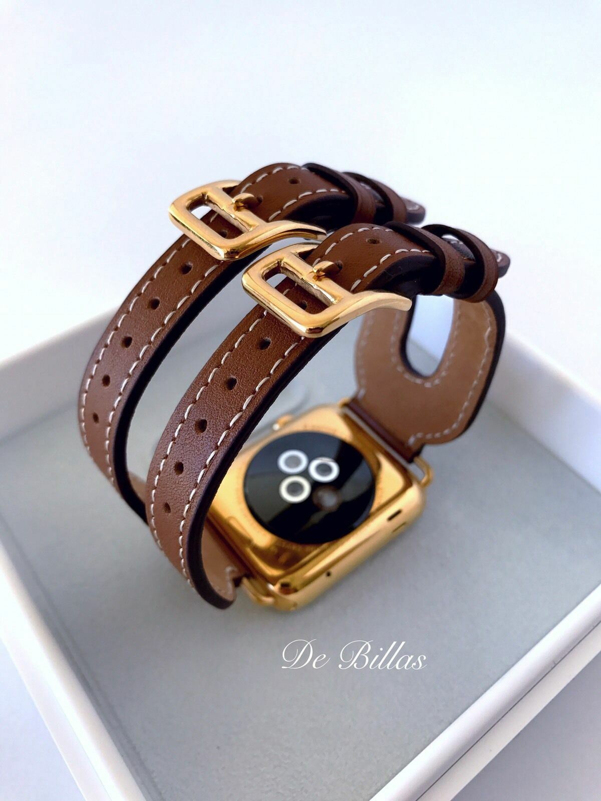 24K Gold 42MM Apple Watch with Leather Etoupe Double Buckle Cuff