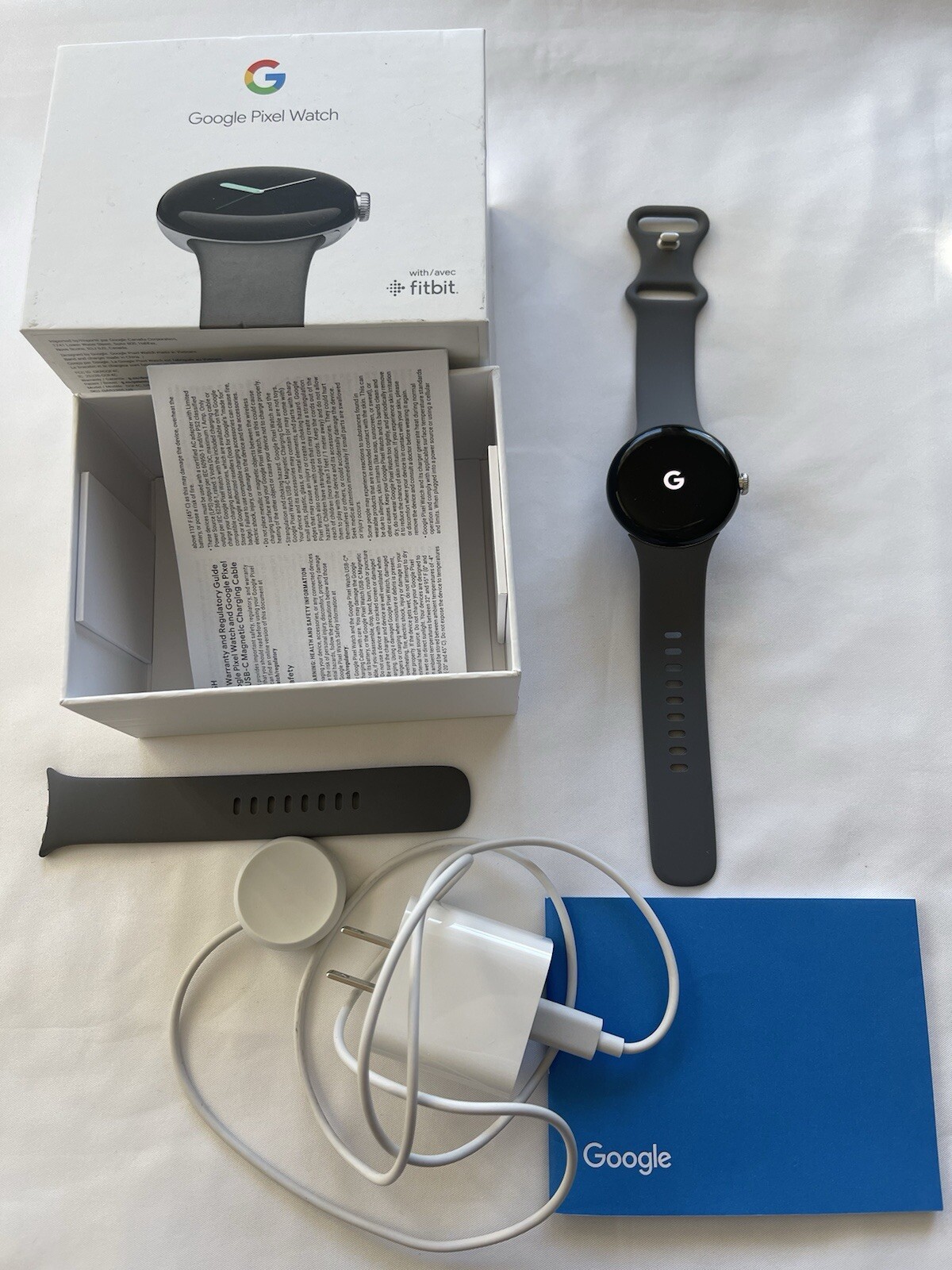 Android Google Pixel Watch Wifi Fitbit with Large and Small Charcoal Bands EUC