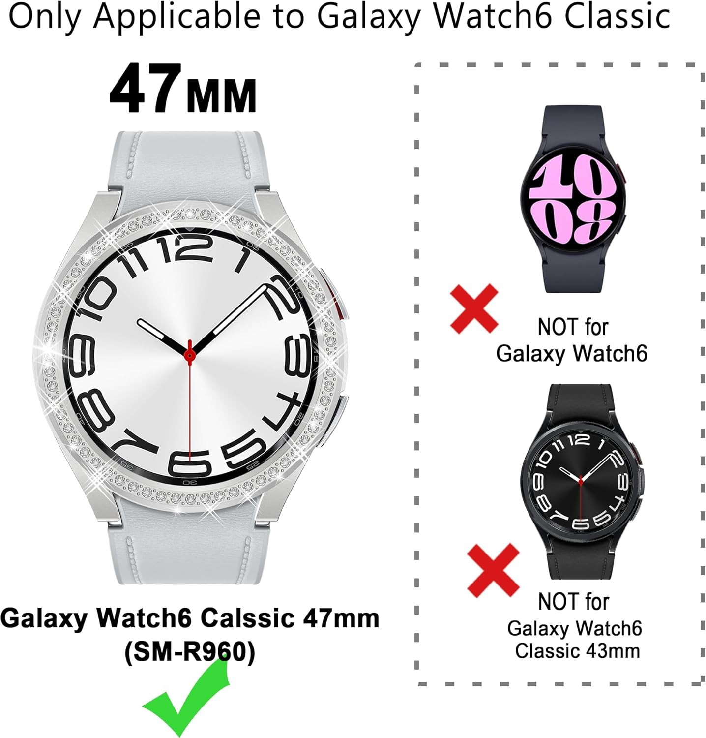 2 in 1 Bling Case for Samsung Galaxy Watch 6 Classic 47mm, PC Protective Bumper