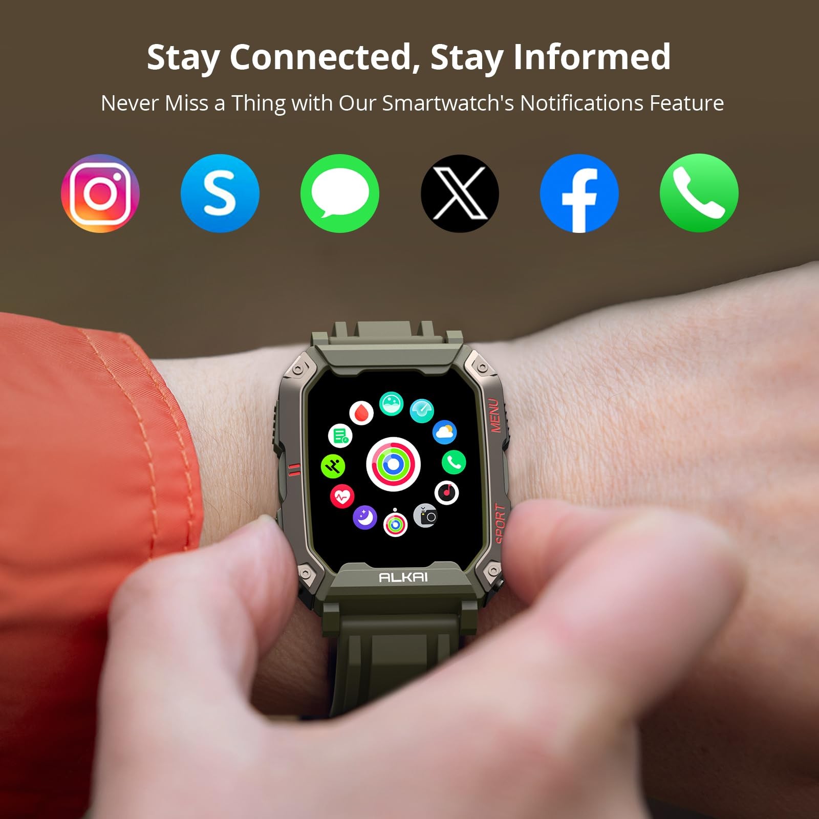 ALKAI 850045550974 Smart Watch Rugged Military 5ATM Waterproof Bluetooth Call