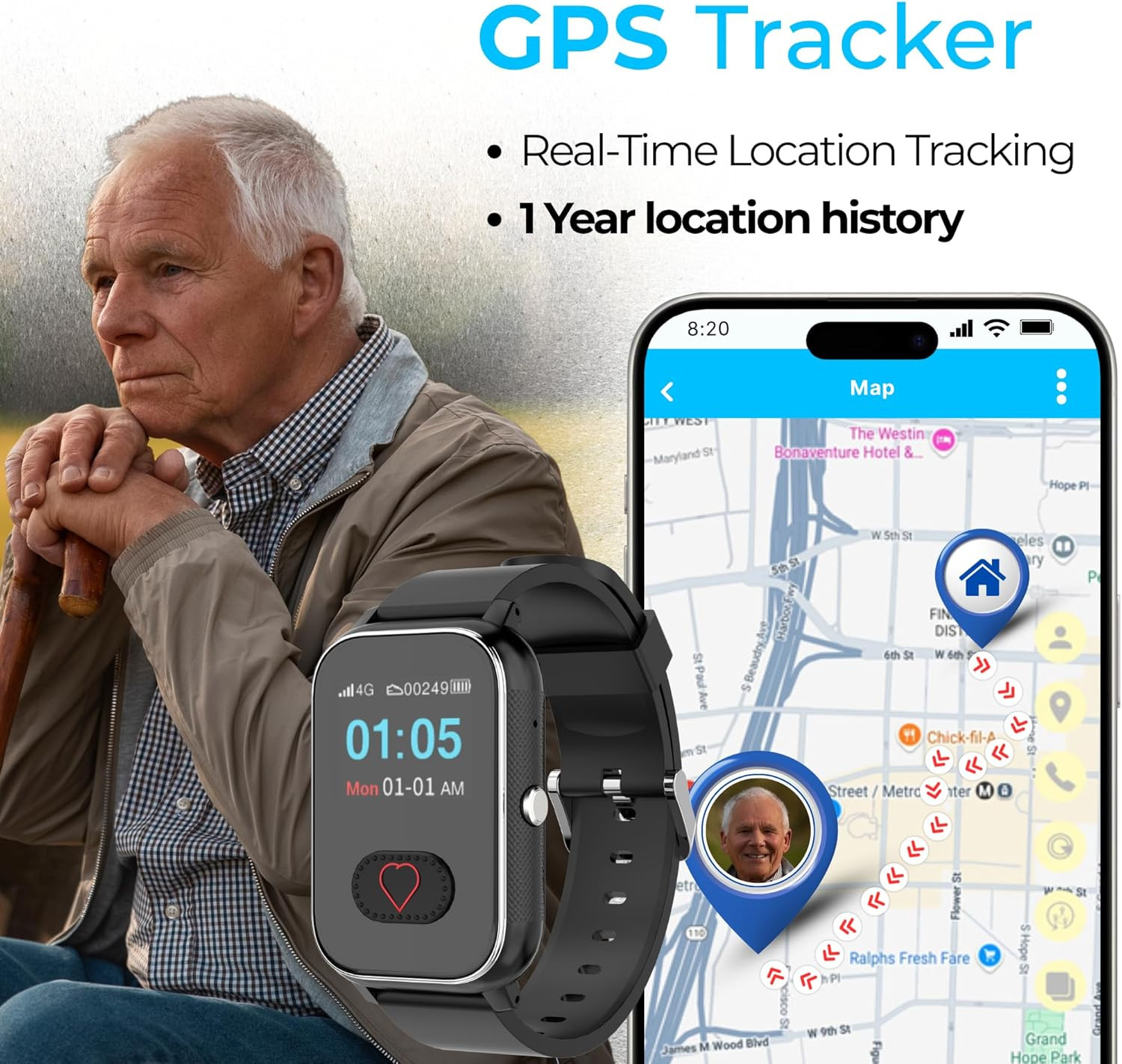 Cellular Medical Alert Smartwatch for Seniors with Fall Detection, GPS Tracking,