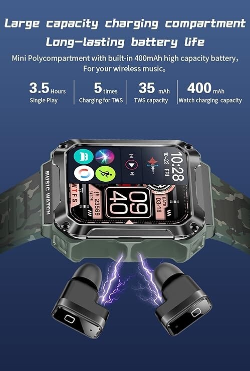 3 in 1 Bluetooth Smart Watch for Android iPhone Military Fitness Tracker Watch
