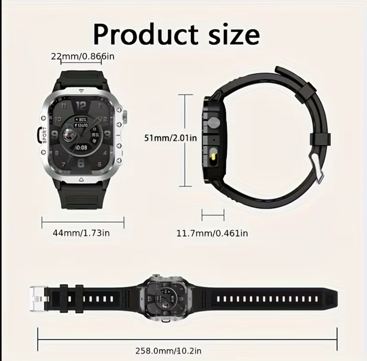 Rugged Bluetooth Smartwatch w/ Call & Text, Fitness Tracker, Weather, Music