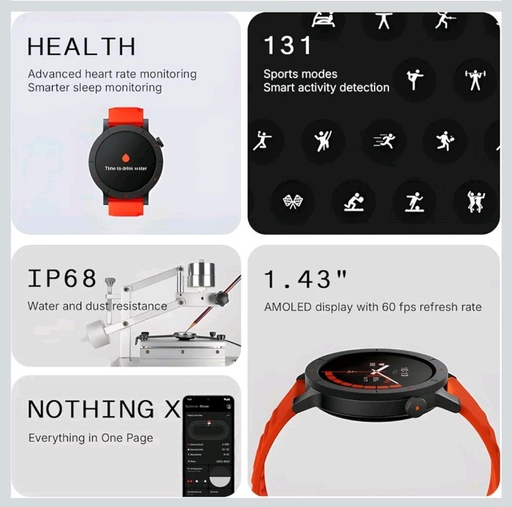 Nothing Watch 3 Pro Smartwatch 1.43″ AMOLED Fitness Tracker Orange Silicone Band