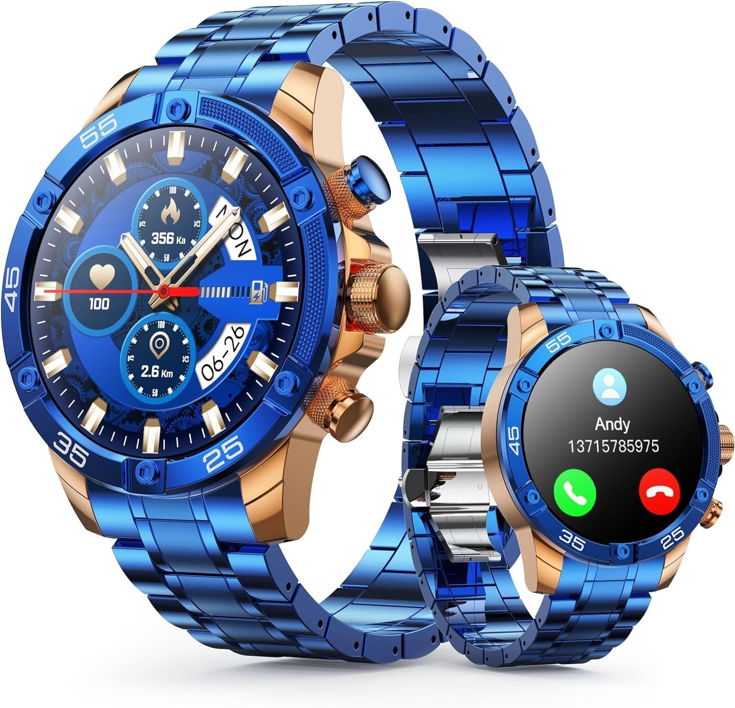 Men’s Round HD 1.53″ Gold Blue Smart Watches for Men, Multiple Sports Modes, …