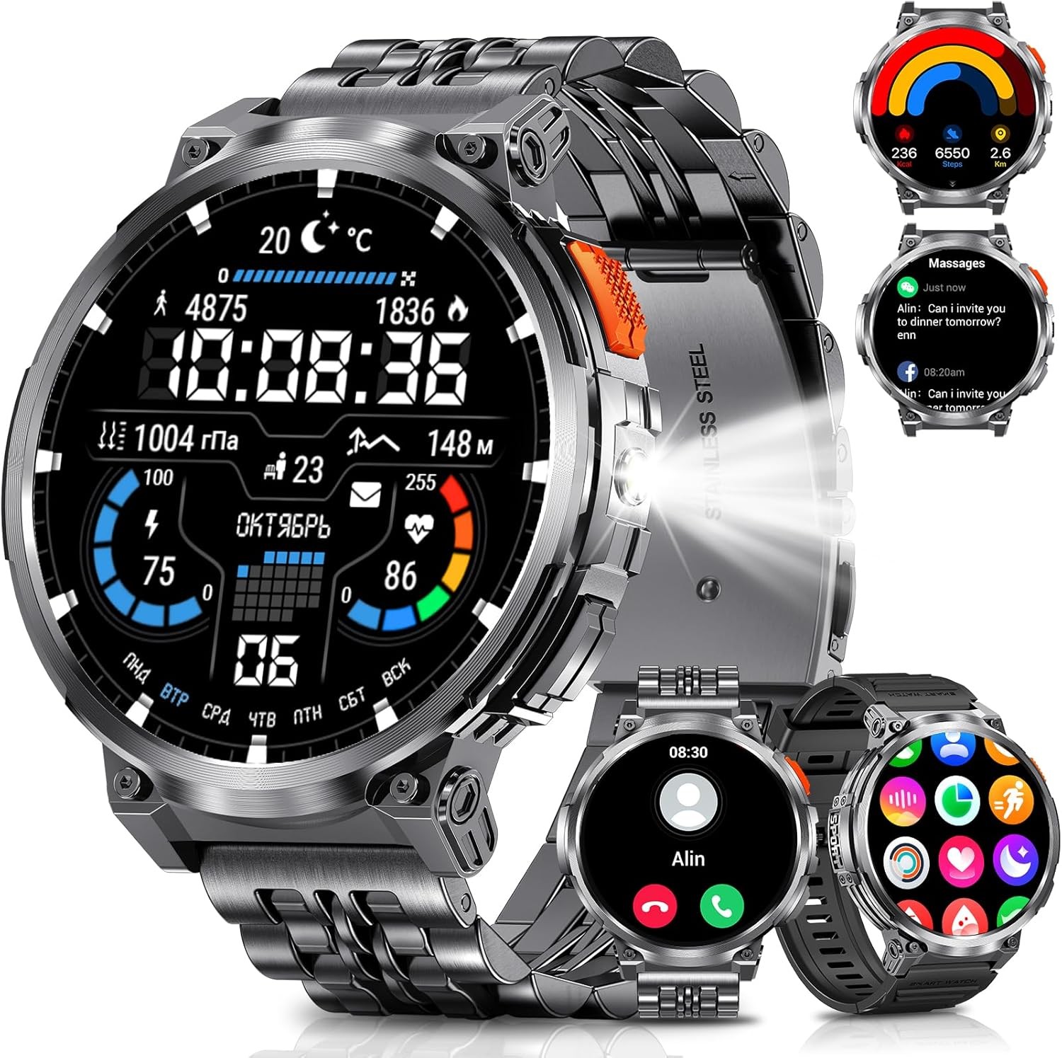 PODOEIL 1.85″ Big Screen Military Smart Watch for Men with Flashlight, 730mAh…