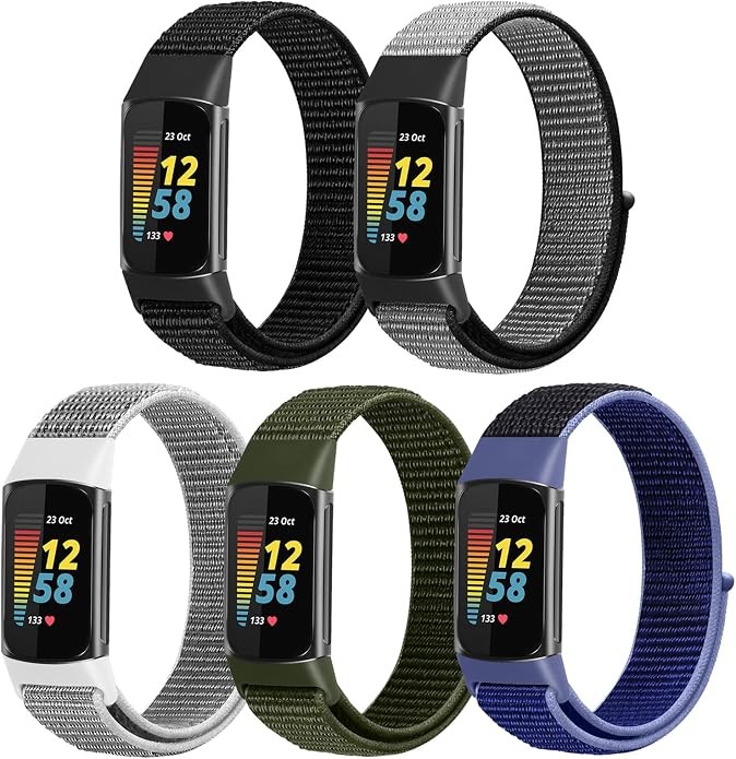 5 Pack Nylon Loop Watch Bands Compatible with Fitbit Charge 6/Charge 5 Soft Brea