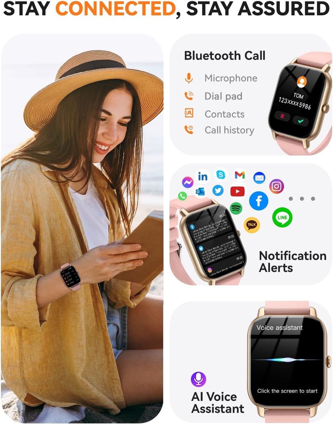 Smart Watch For iOS/Android 1.85” HD Touch Screen Fitness Tracker (Gold)