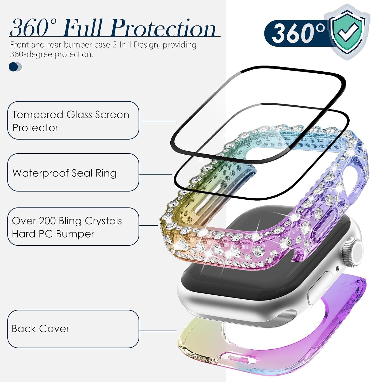 2 in 1 Waterproof Bling Case for Apple Watch Series 10 42mm with Tempered Glass