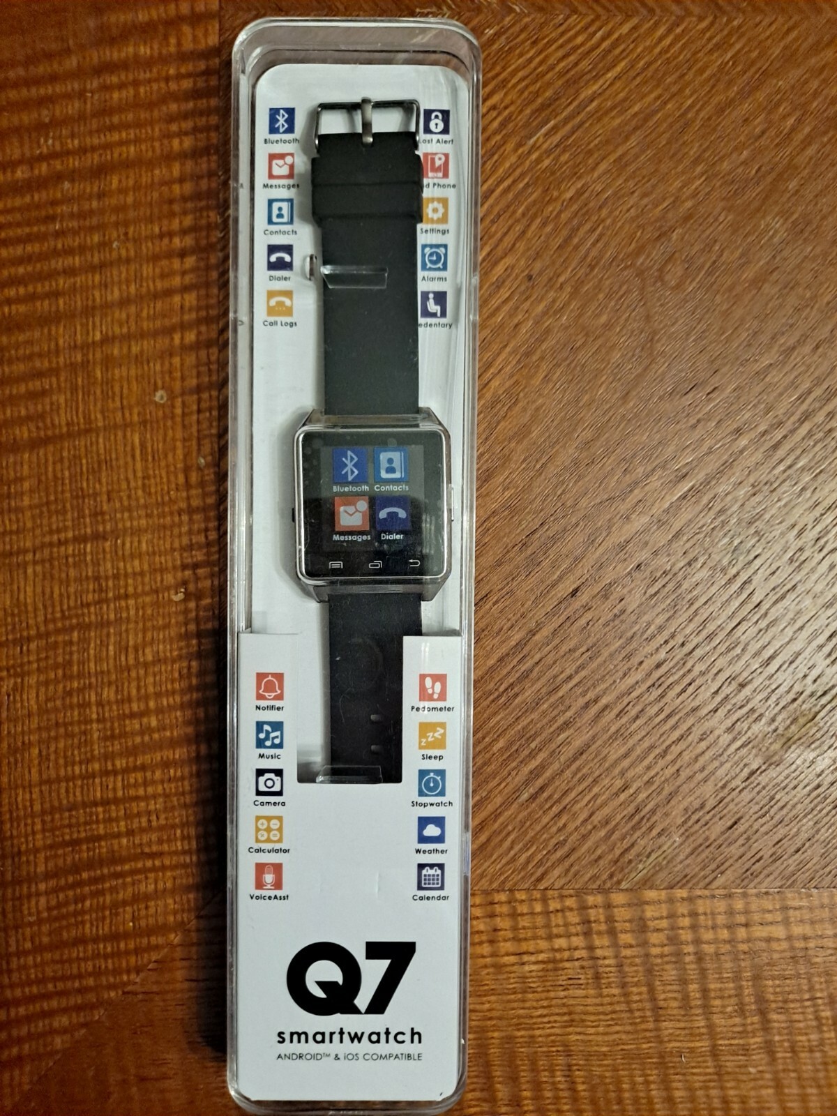 Used Black Q7 Smartwatches. Tested! Android and iOS Compatible. Cases cracked!